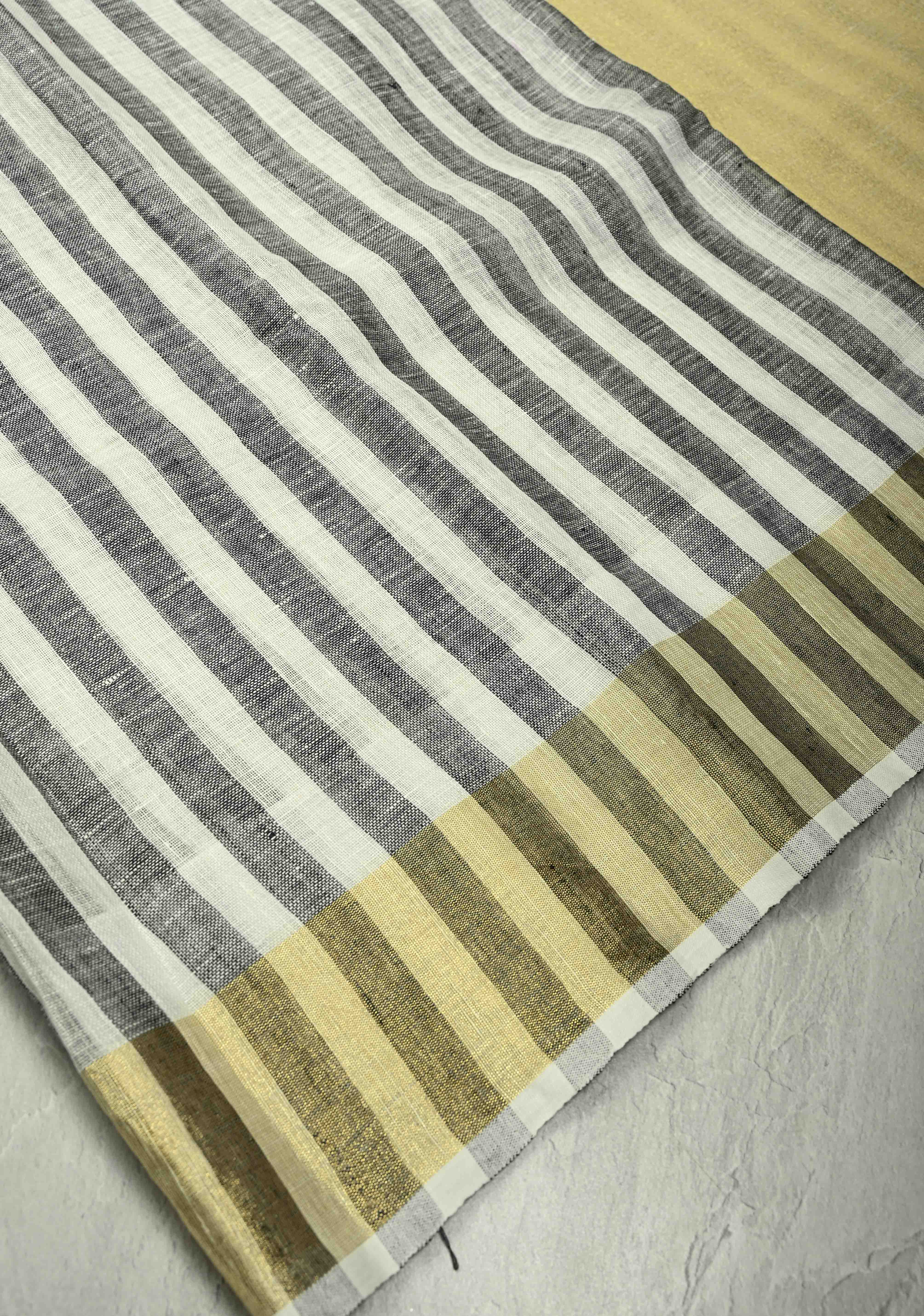 Black-White Linen Saree with Vertical Stripes and Tissue Zari Border | Shobitam - Image 5