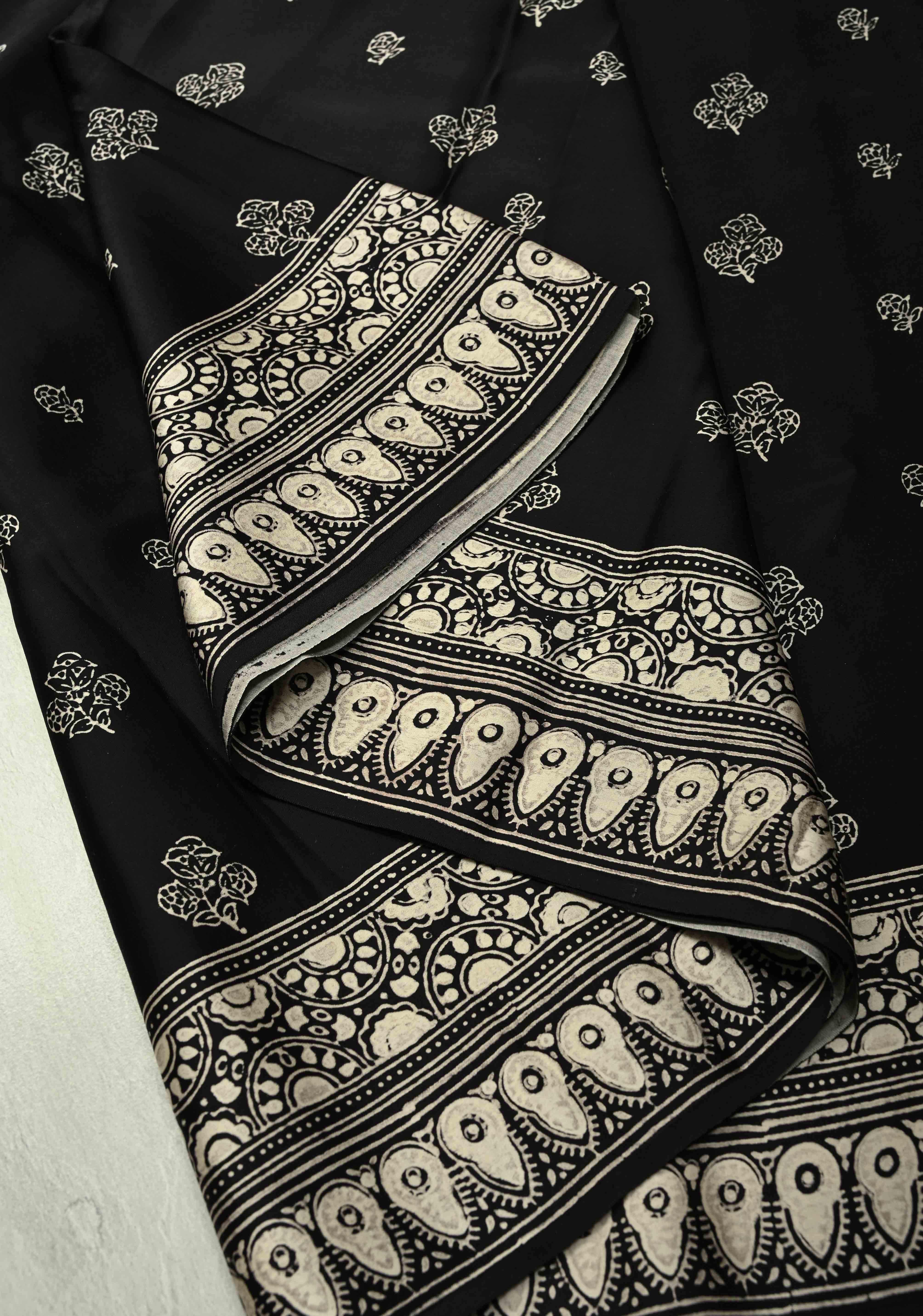 Black-White Modal Silk Saree with Ajrakh Hand Block Print | Shobitam - Image 5