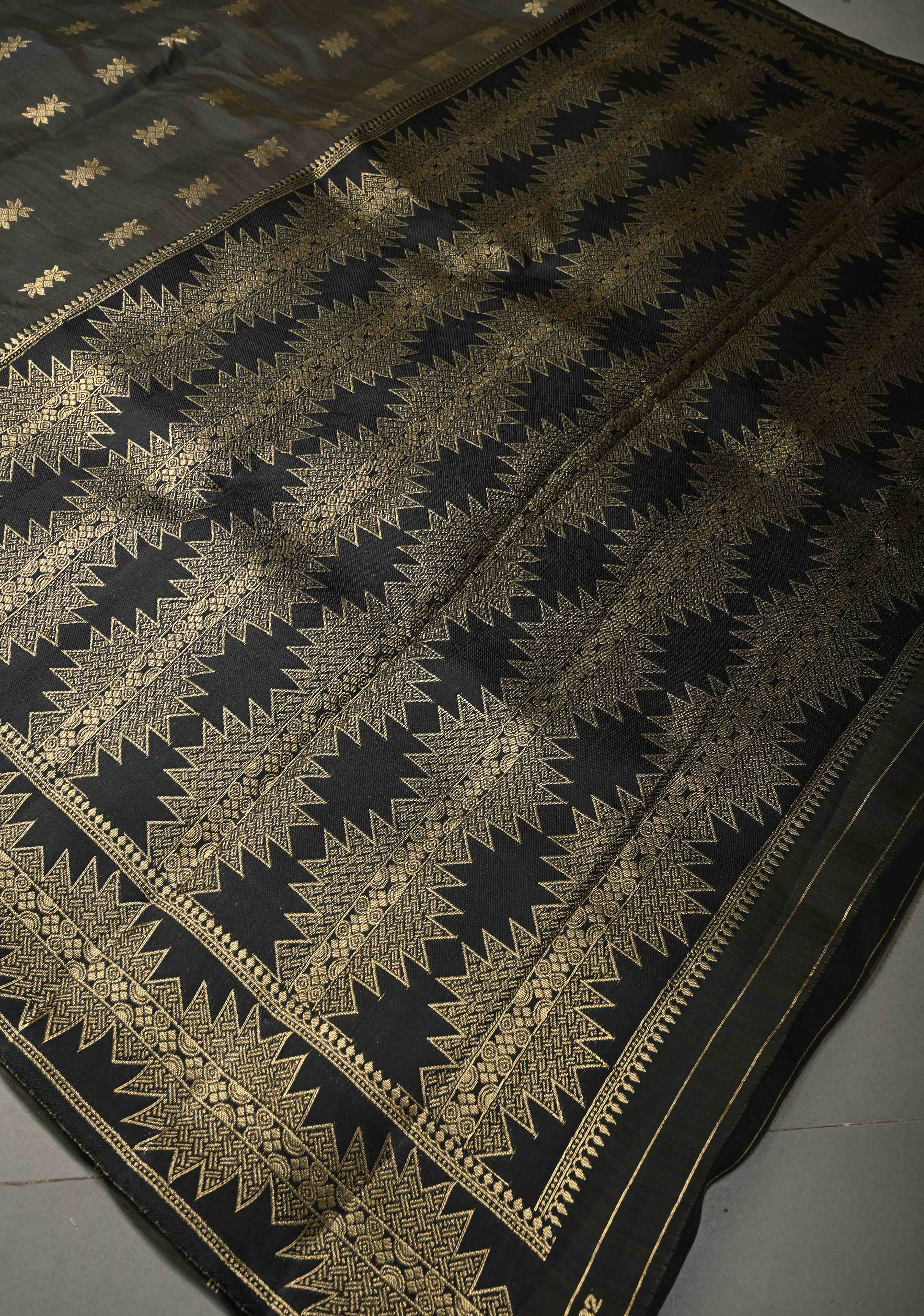 Blackish Brown Kanjivaram Semi Silk Saree with Zari Buttas and Fancy Zari Border | Shobitam - Image 8