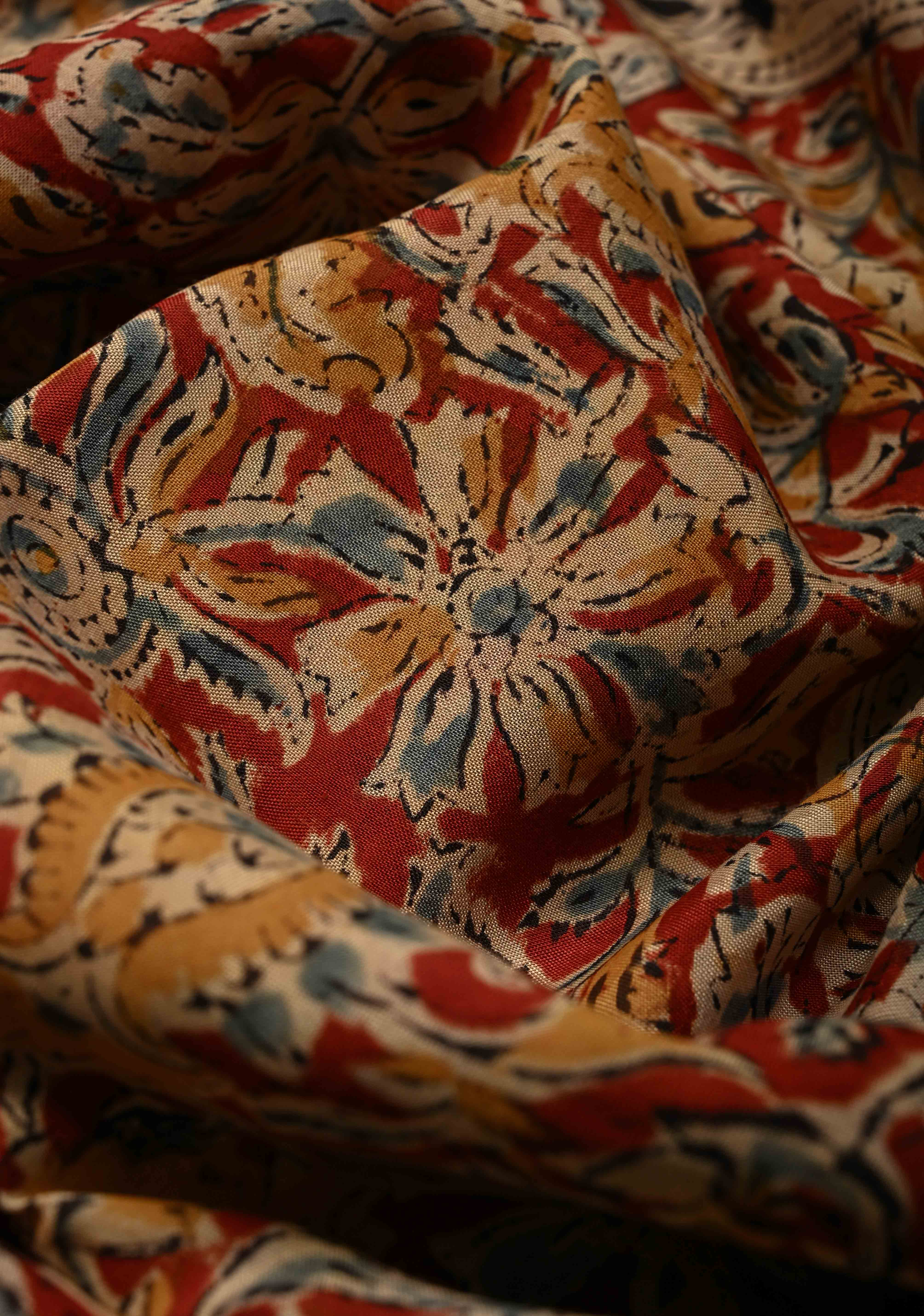 Blood Red Kalamkari Hand Block Print on Mangalagiri Cotton Saree with Nizam Zari Border | Shobitam - Image 3