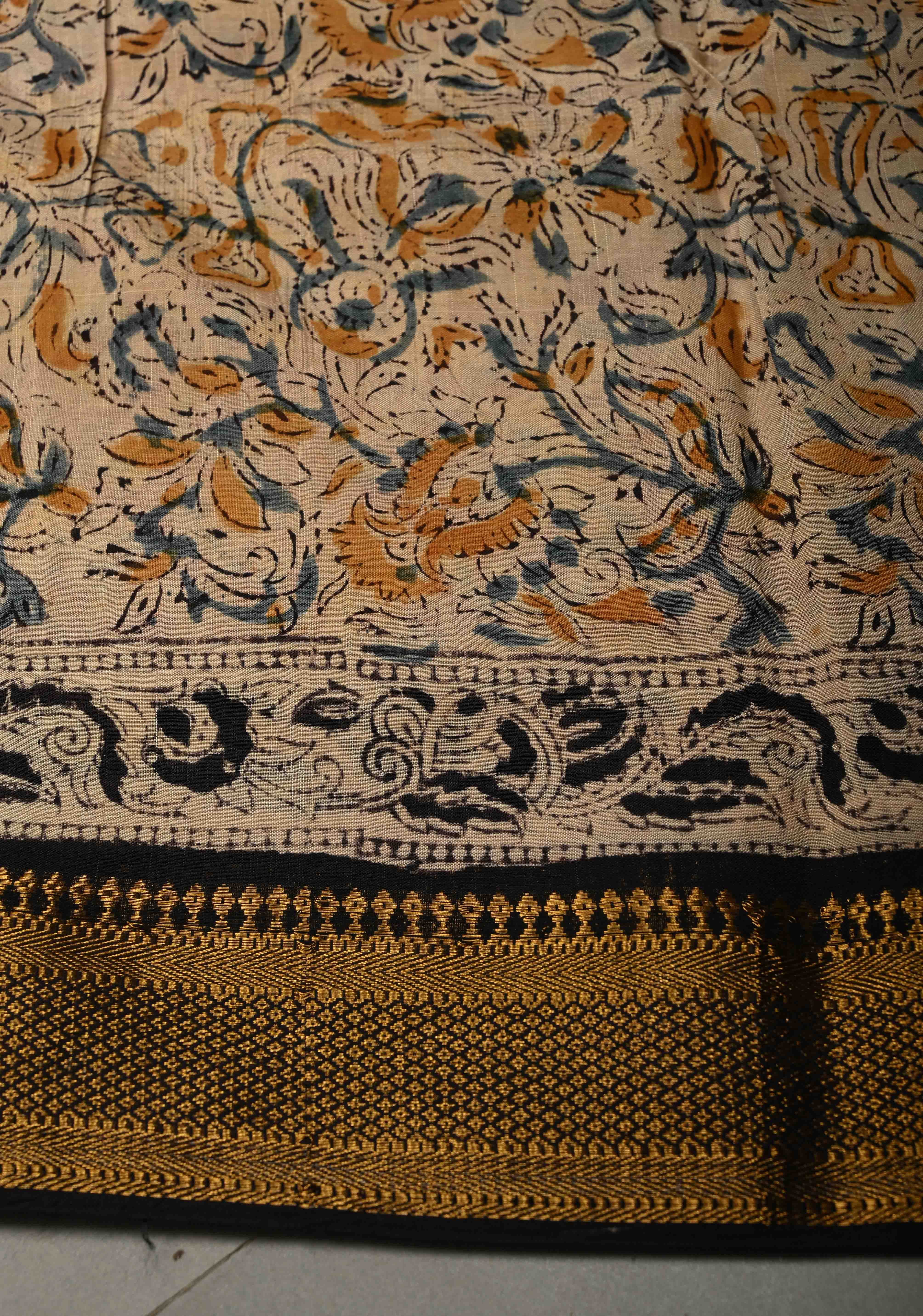 Blood Red Kalamkari Hand Block Print on Mangalagiri Cotton Saree with Nizam Zari Border | Shobitam - Image 6