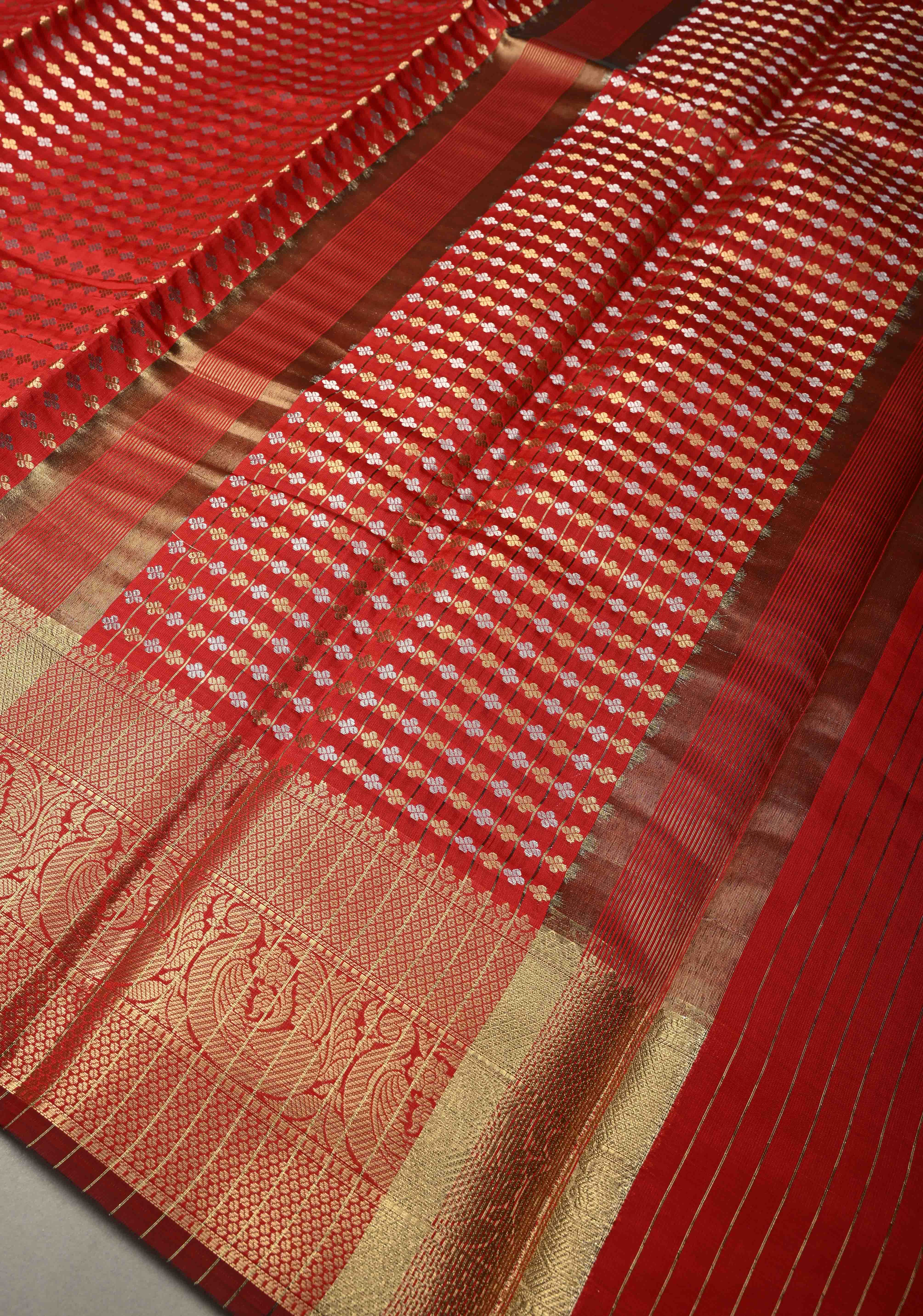 Blood Red Semi Silk Saree with Sona Rupa Zari Buttis Brocade and Zari Border | Shobitam - Image 5