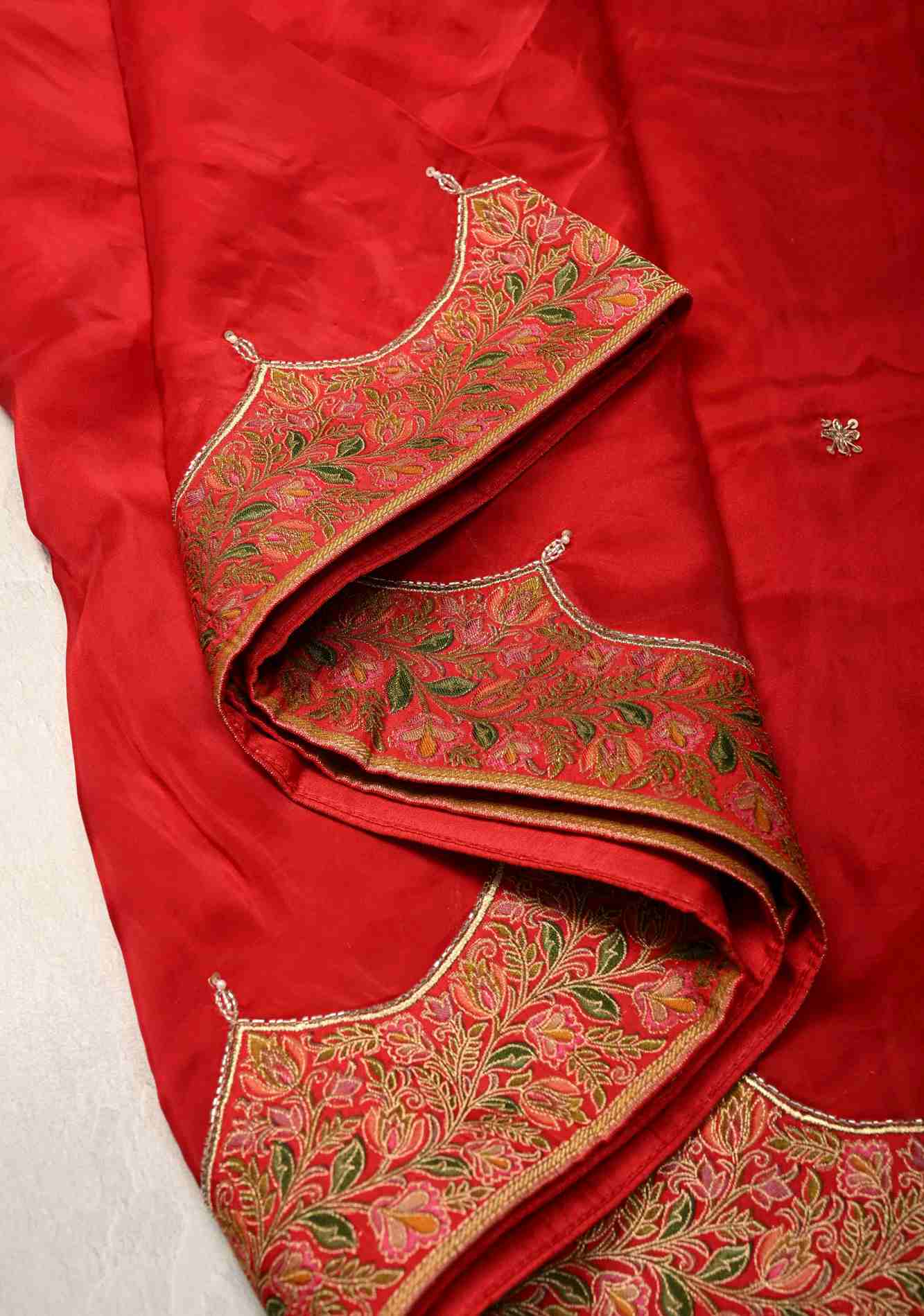 Blood Red Vegan Silk Habutai Saree with Hand Work and Banarasi Scallop Border, No Blouse Piece Ready To Wear Saree - Image 2
