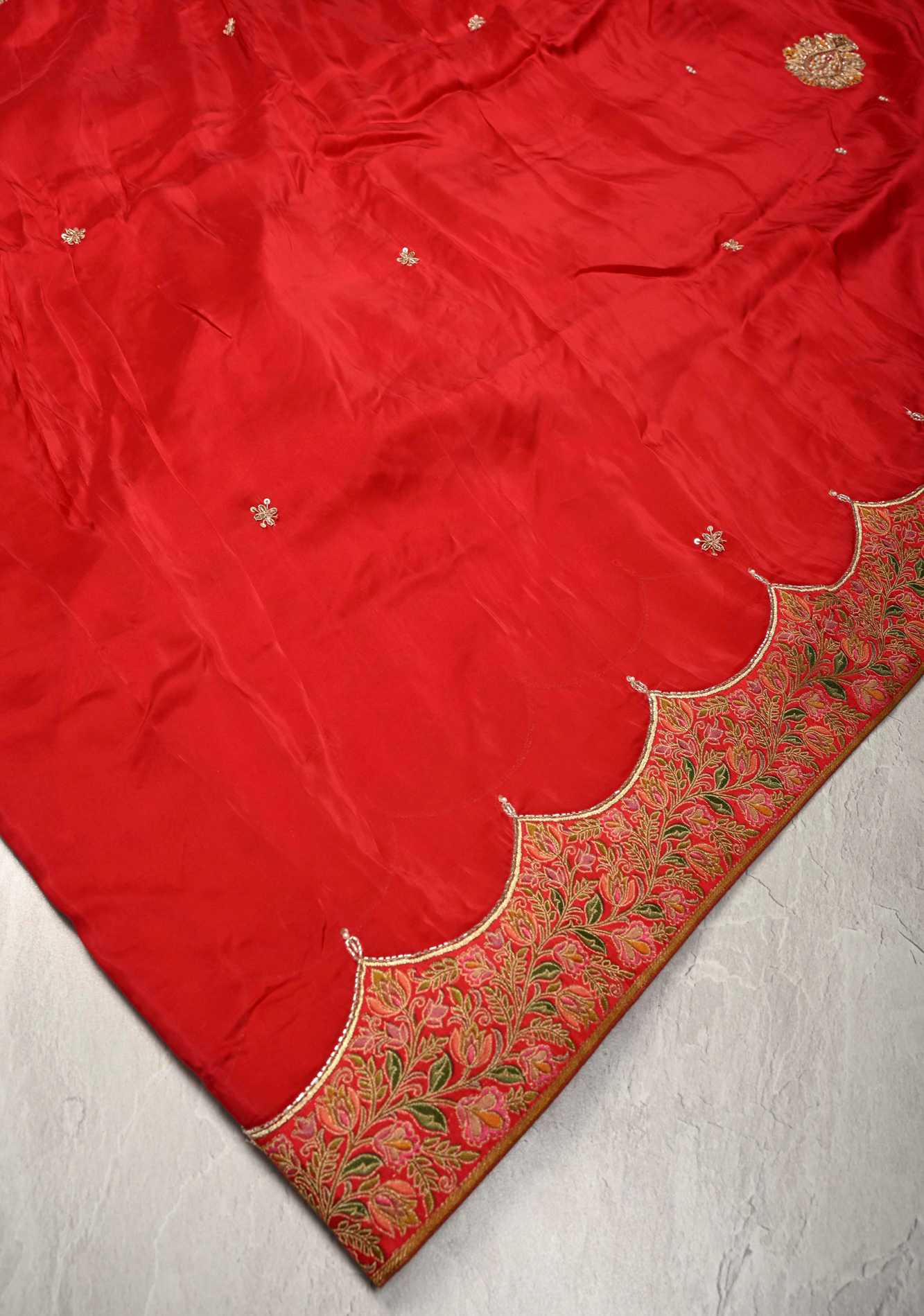 Blood Red Vegan Silk Habutai Saree with Hand Work and Banarasi Scallop Border, No Blouse Piece Ready To Wear Saree - Image 4