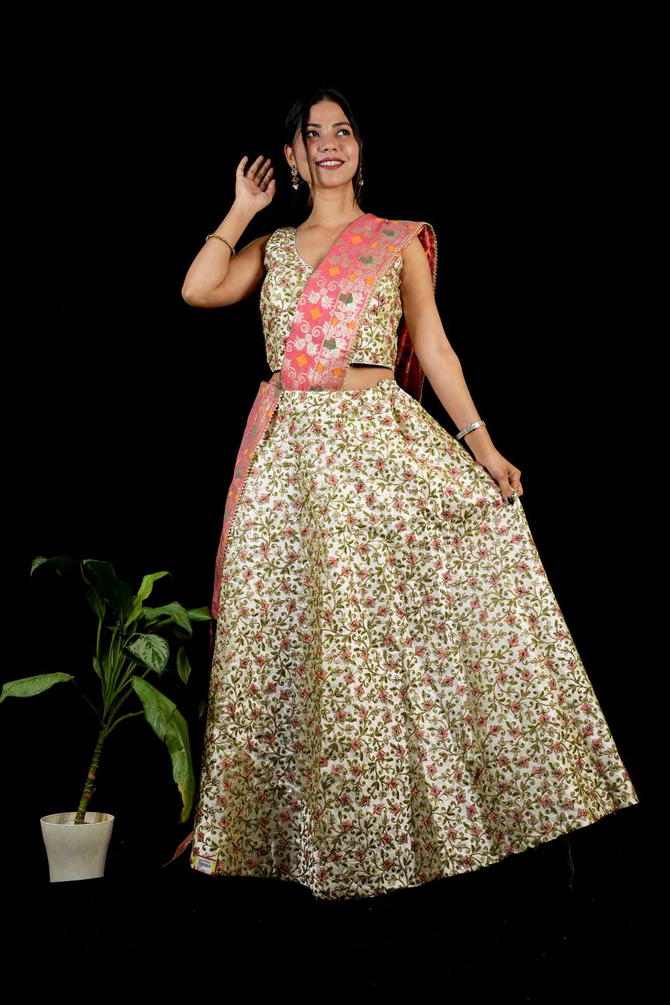 Blossom Zari Embroidered Lehenga with Contrasting Pink Banarasi Dupatta - Image 5