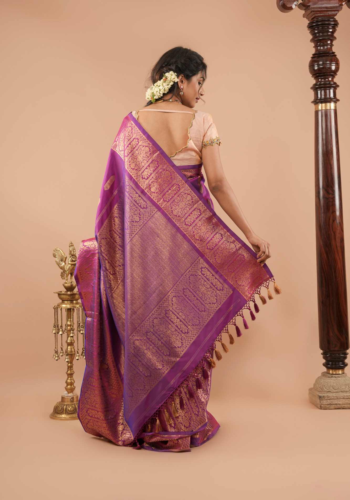 BLOUSE : Sandalwood Pure Tissue Raw Silk Blouse with scalloped hand embroidery - Image 3