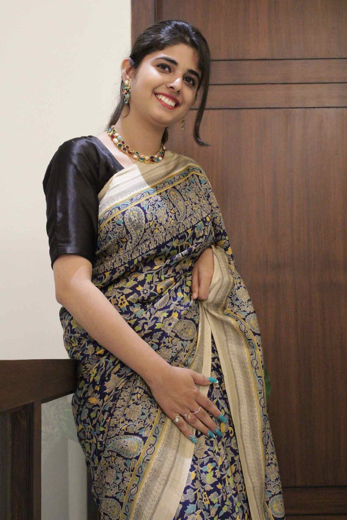 Blue-Beige Pashmina Soft on Skin Wrap in 1 minute saree - Image 3