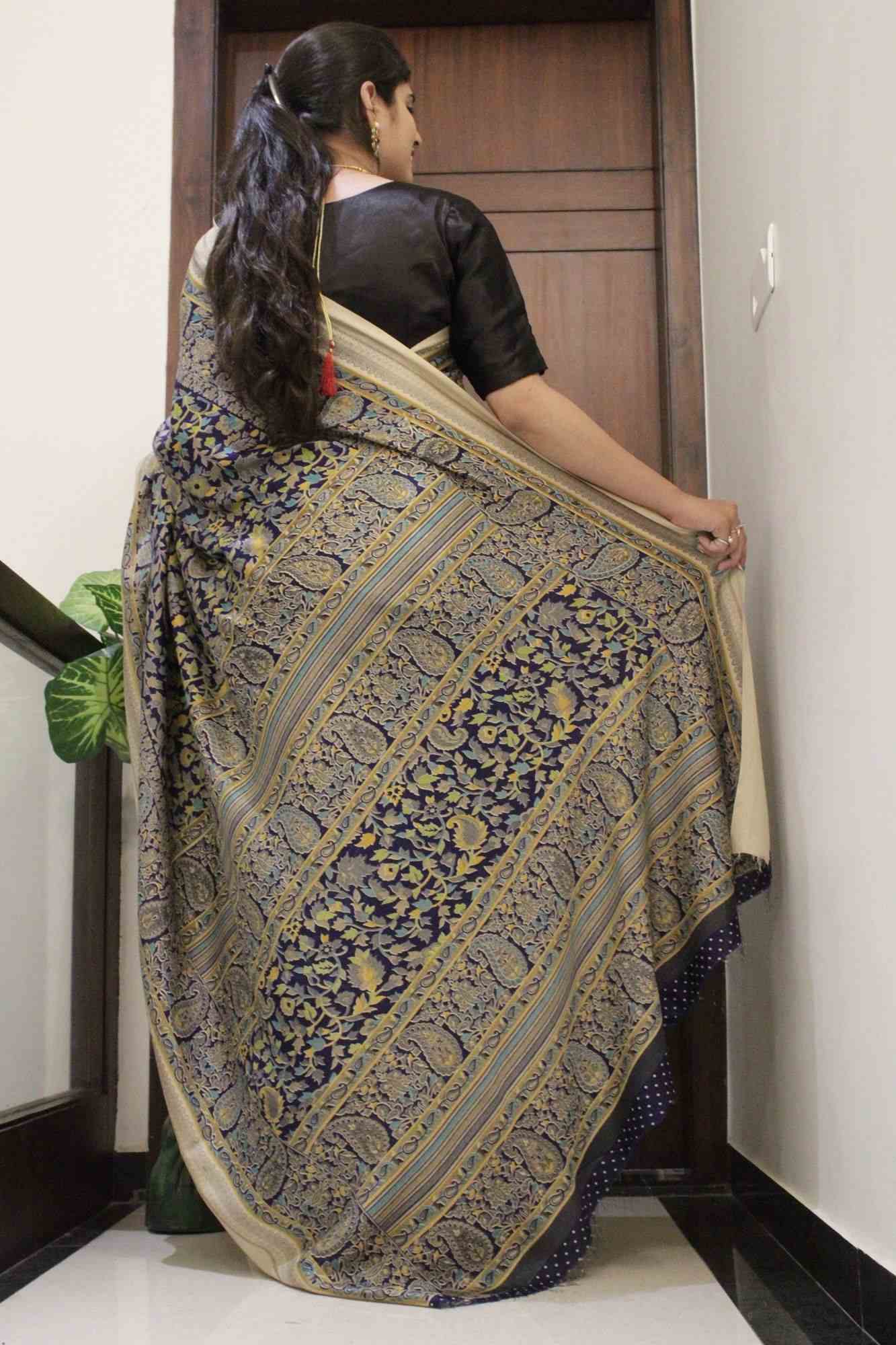 Blue-Beige Pashmina Soft on Skin Wrap in 1 minute saree - Image 4