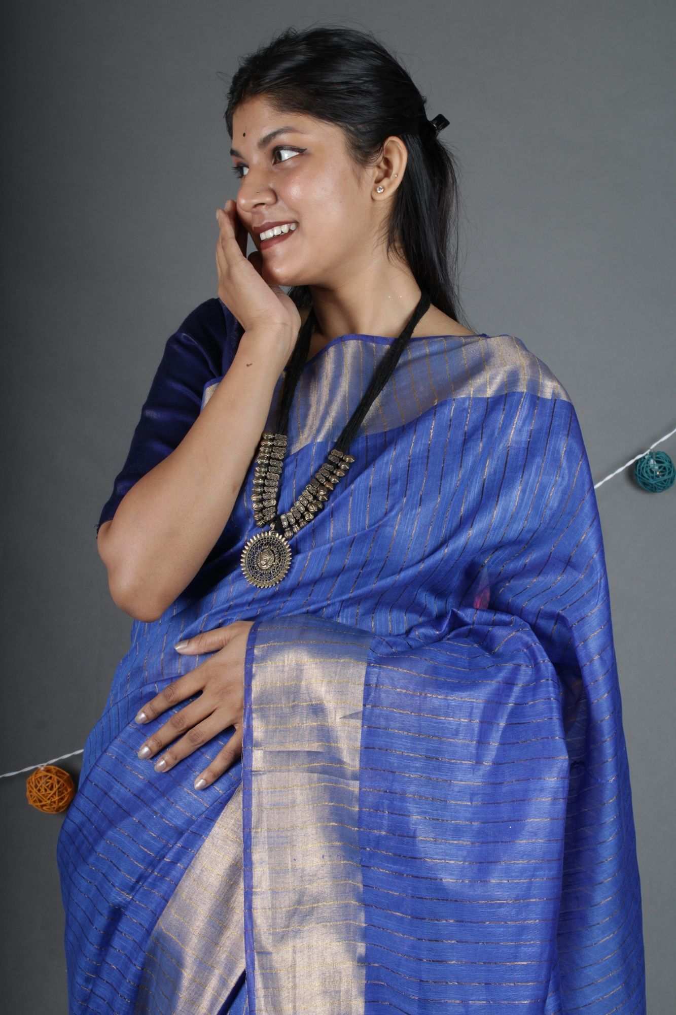Blue bhagalpuri cotton silk with sequins all over pallu Wrap in 1 minute saree - Image 5