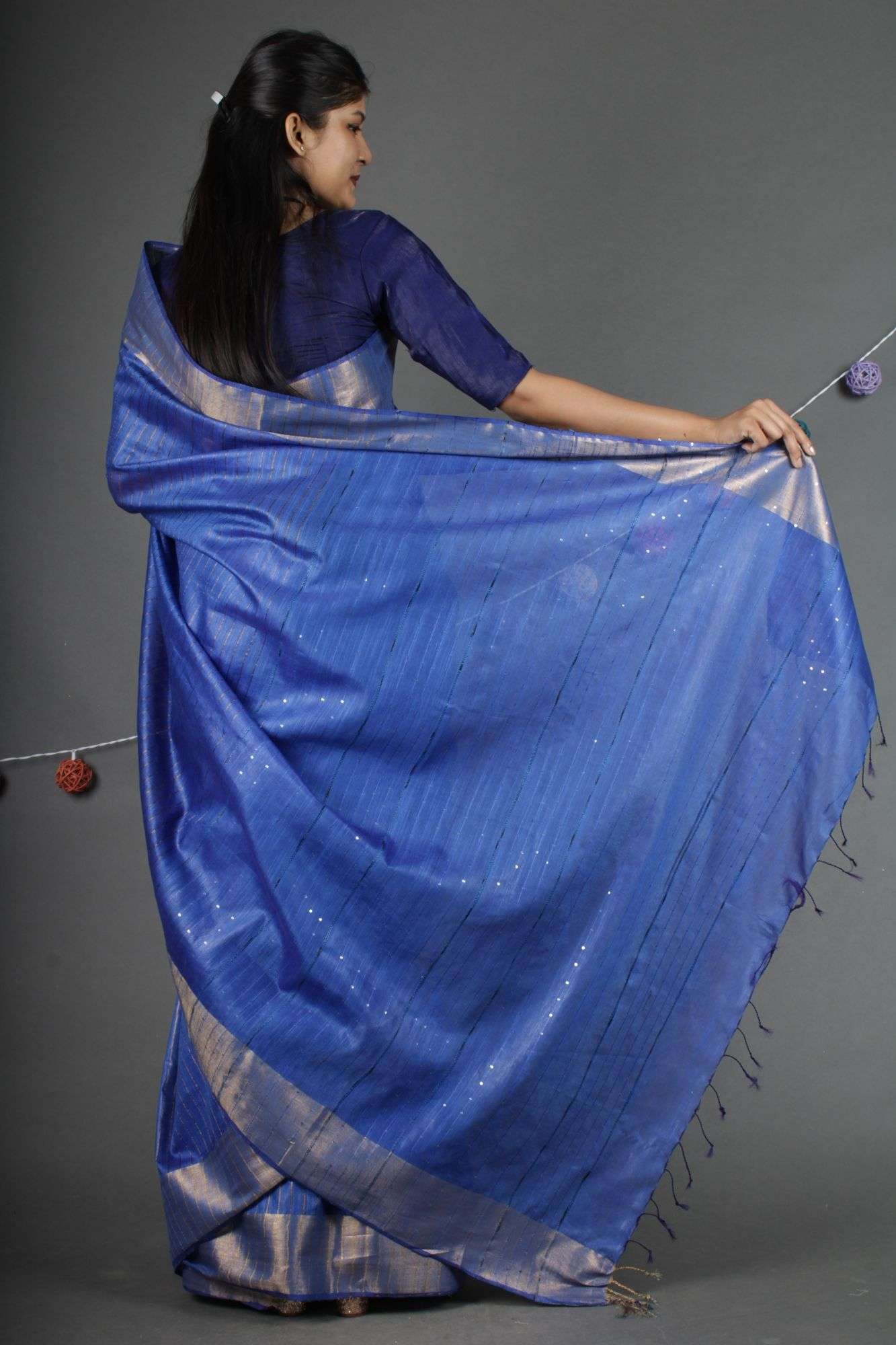 Blue bhagalpuri cotton silk with sequins all over pallu Wrap in 1 minute saree - Image 6