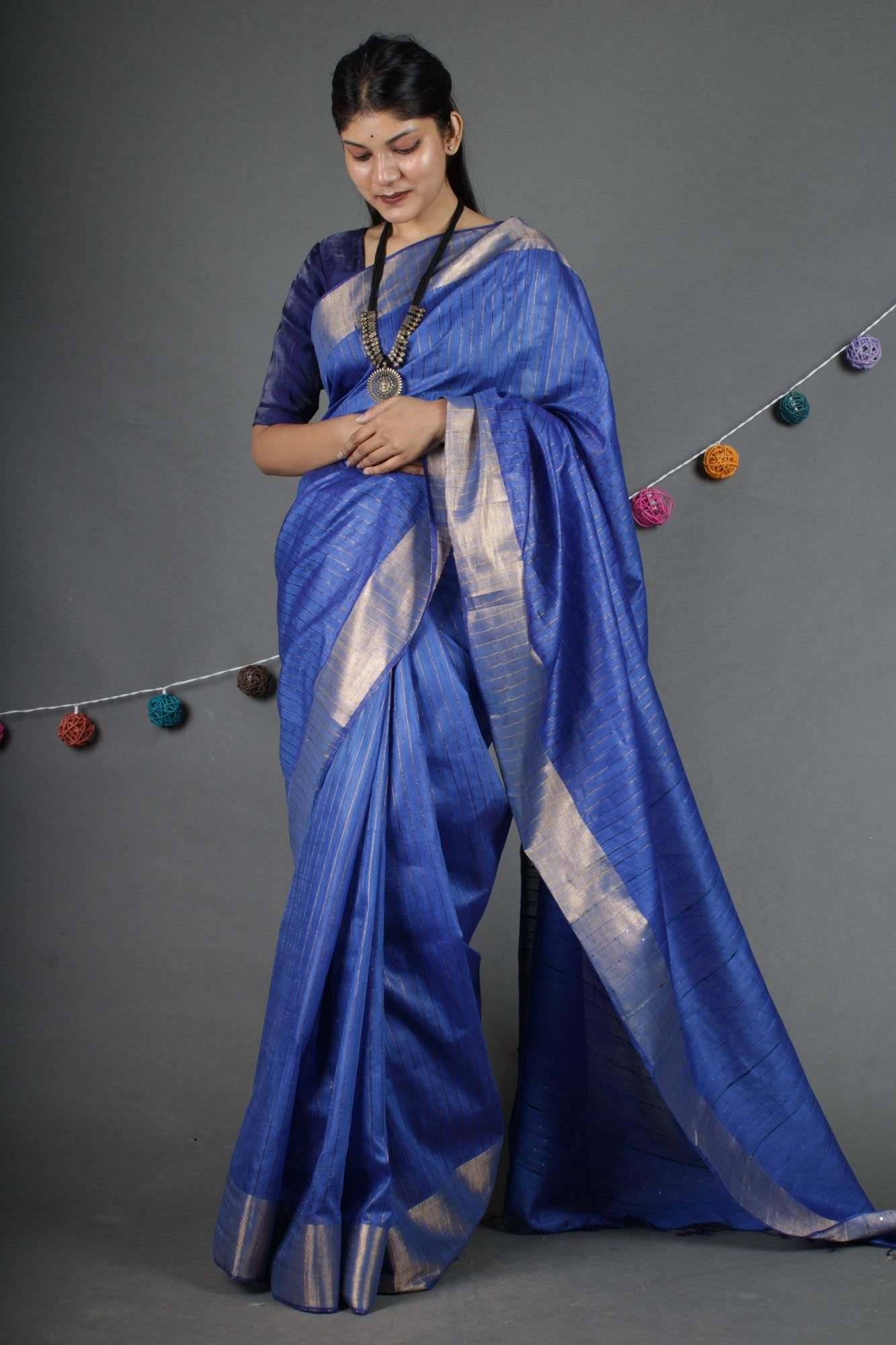Blue bhagalpuri cotton silk with sequins all over pallu Wrap in 1 minute saree - Image 8
