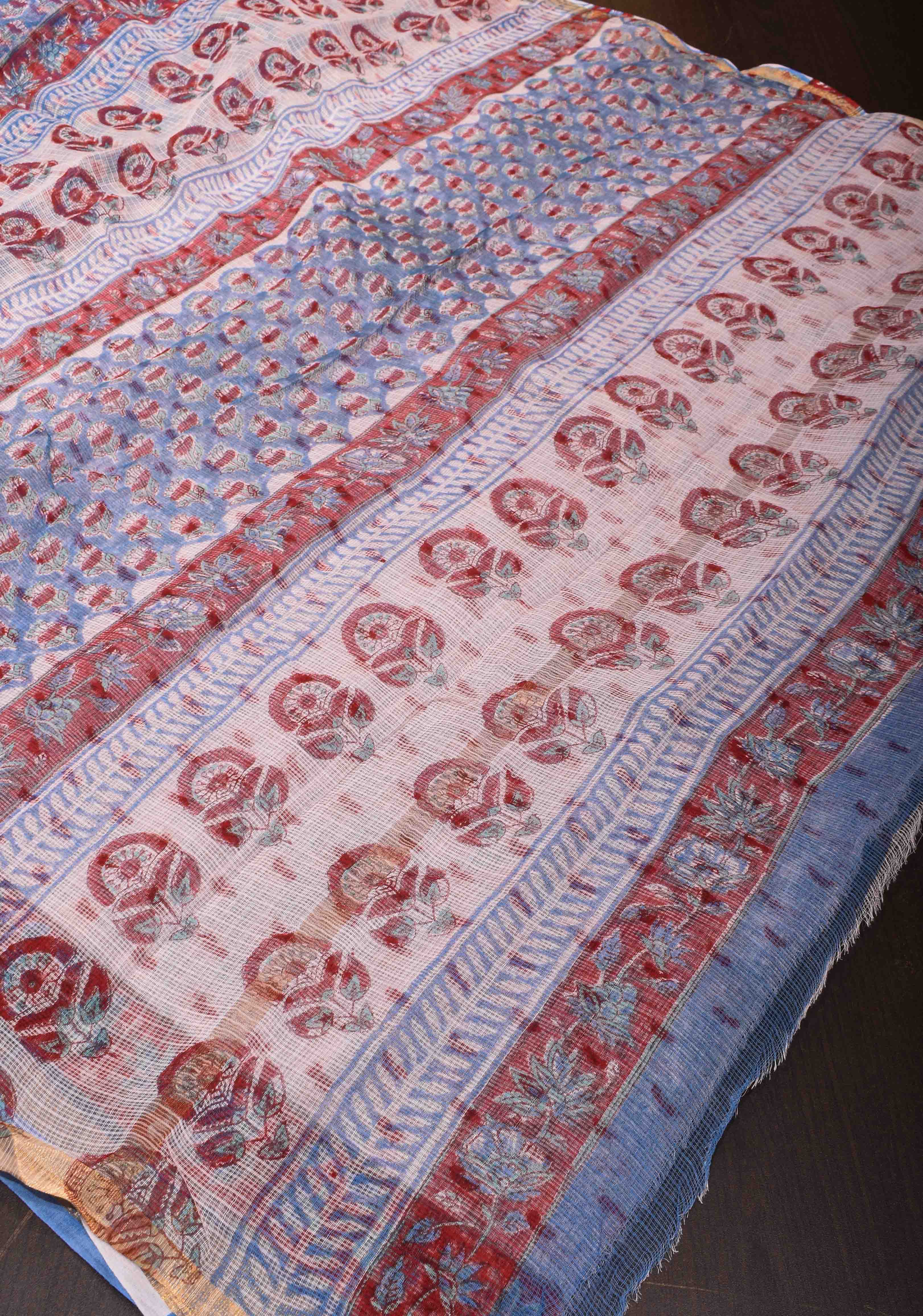 Blue Kota Doria Cotton Saree with Sanganeri Hand Block Print | Shobitam - Image 8