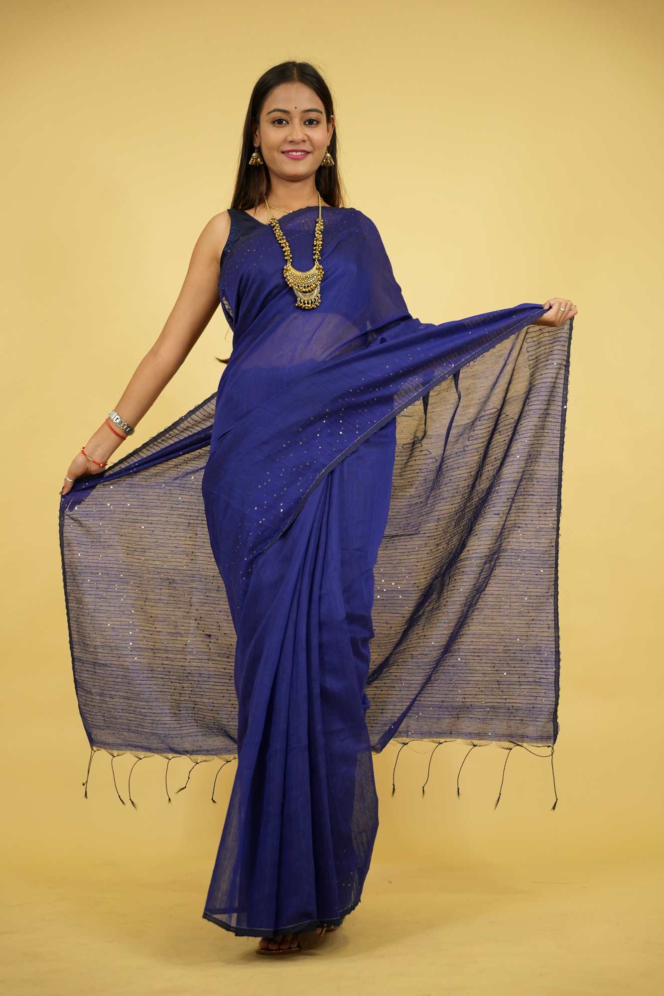 Blue Handloom Cotton Silk with Subtle Sequin Accents Ready To Wear Saree - Image 2