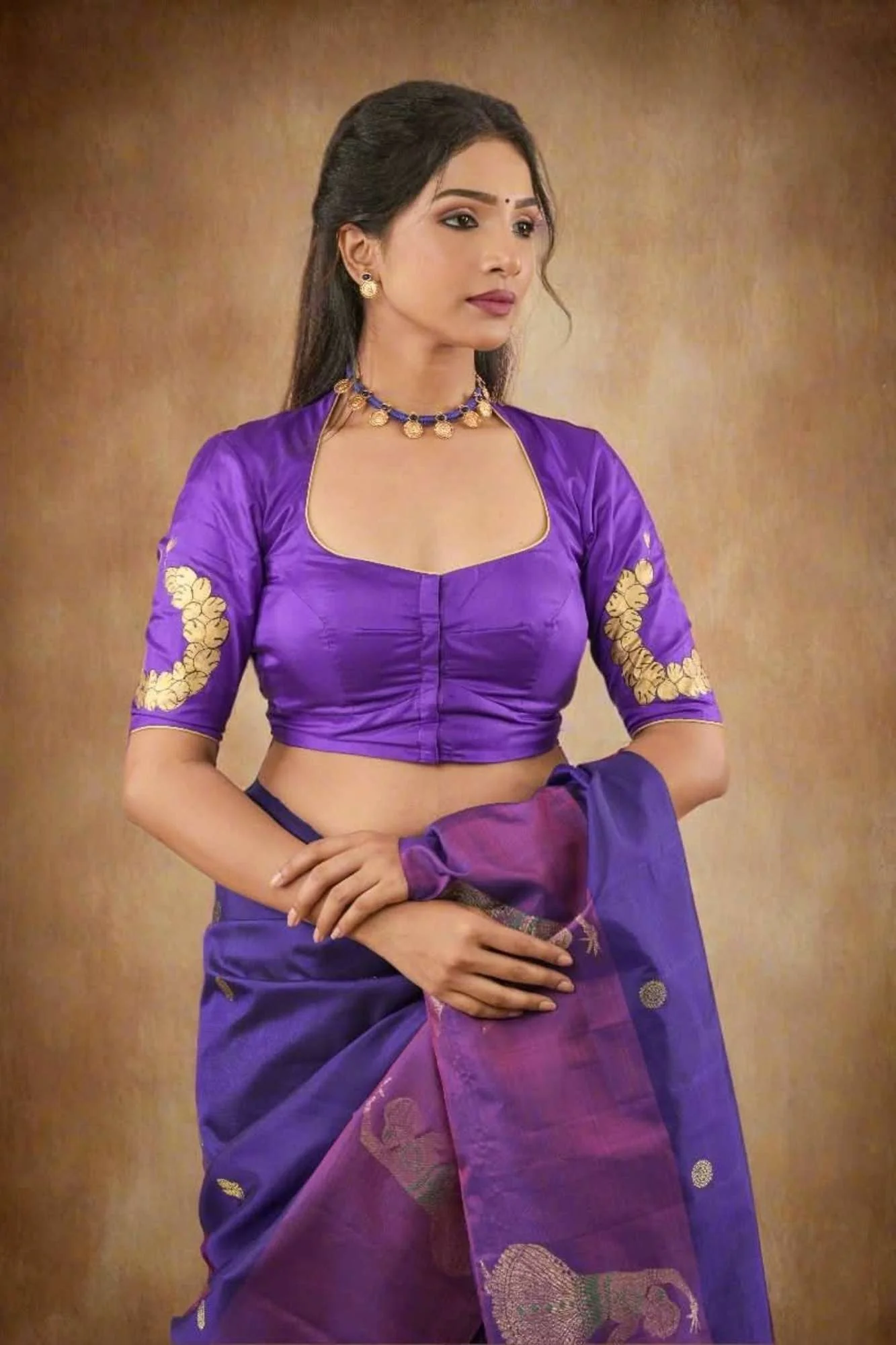 Blue Purple Pure Silk Blouse With Bharatanatyam Dancer Handpainting, Customizable, Made to Order - Image 6