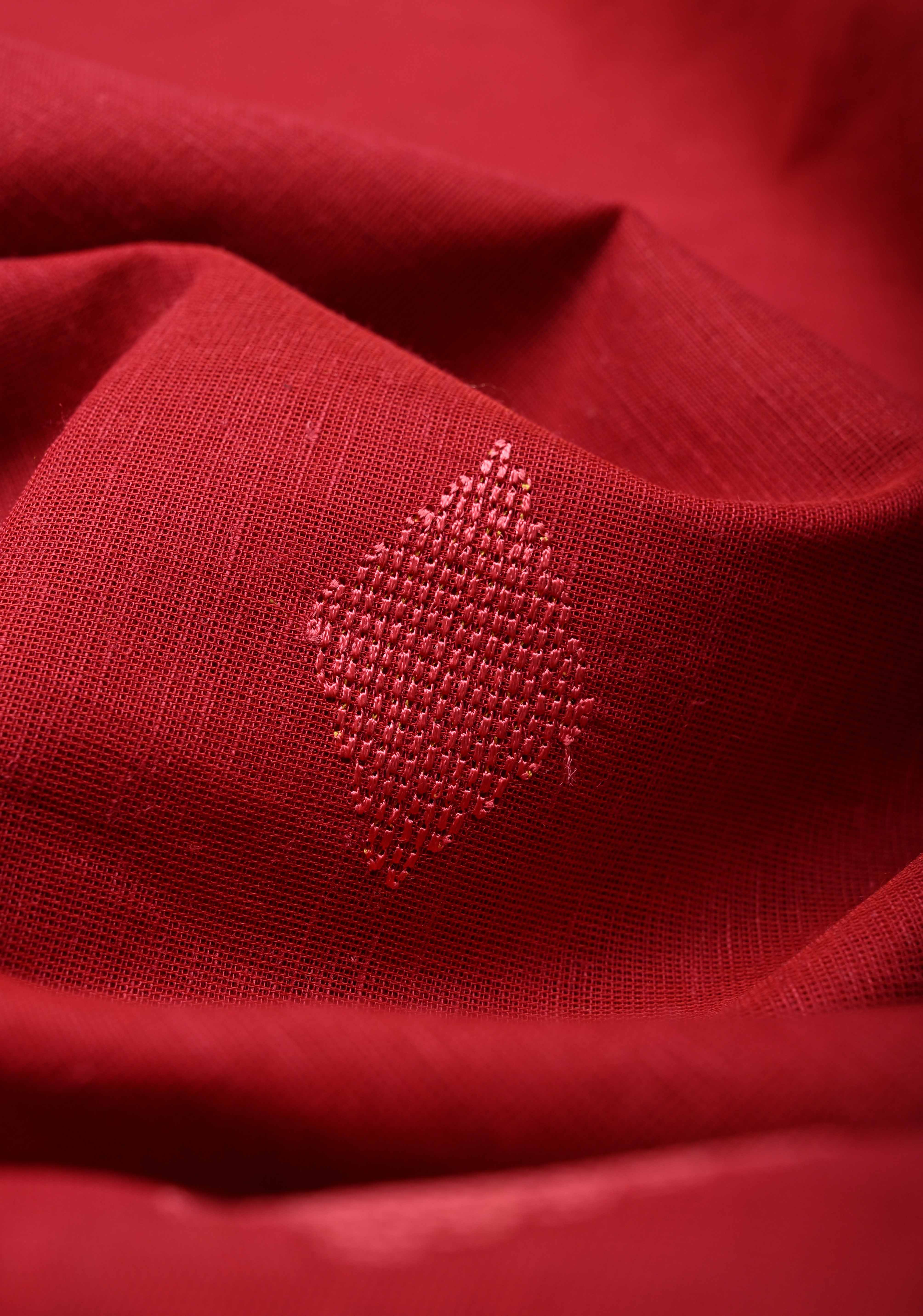 Red Mercerized Cotton Saree with Resham Butta and Zari Border, No Blouse Piece | Shobitam - Image 3
