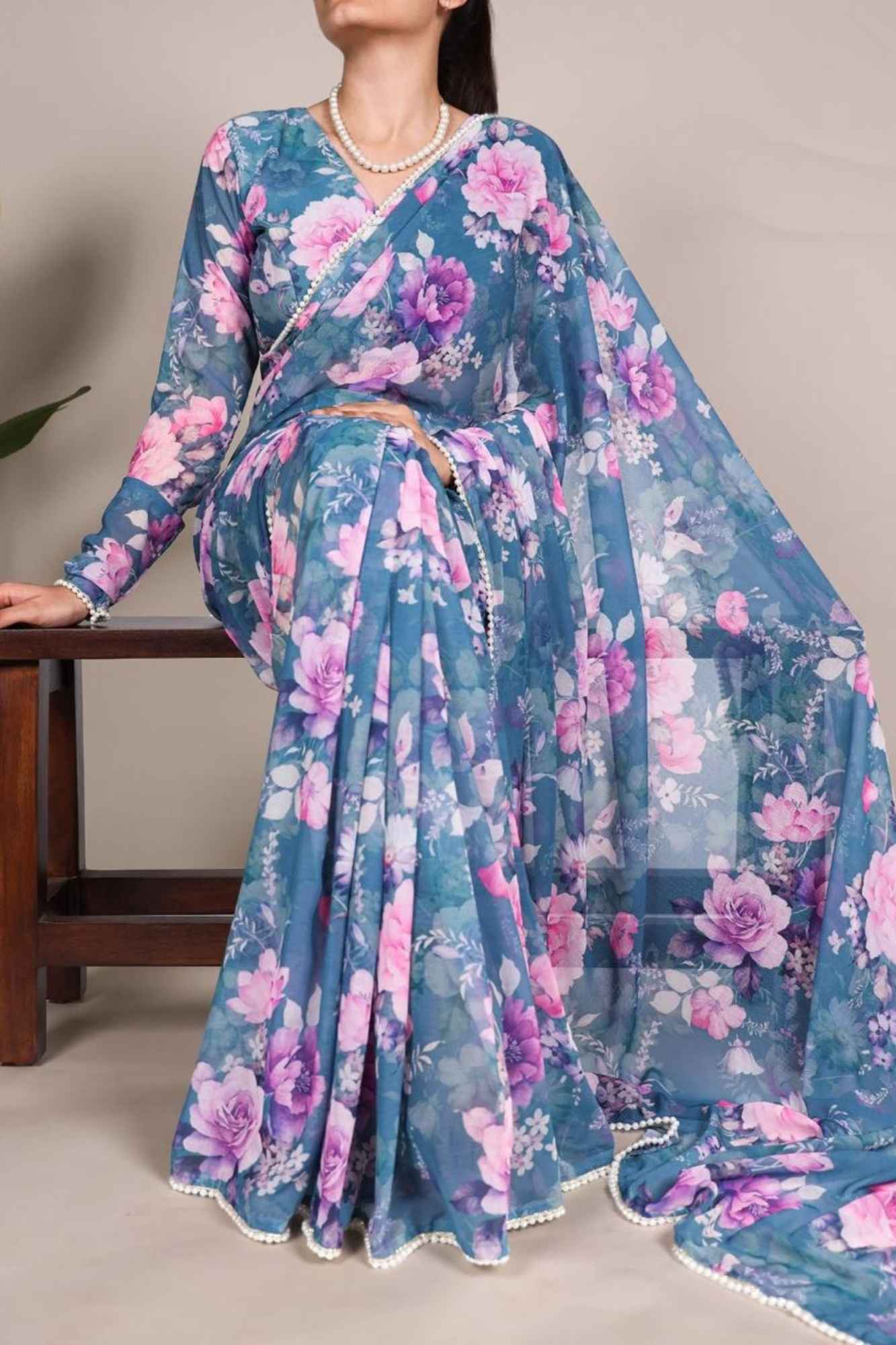 Blue Weightless Marble-Printed with Pearl Lace Border Ready To wear Saree - Image 11