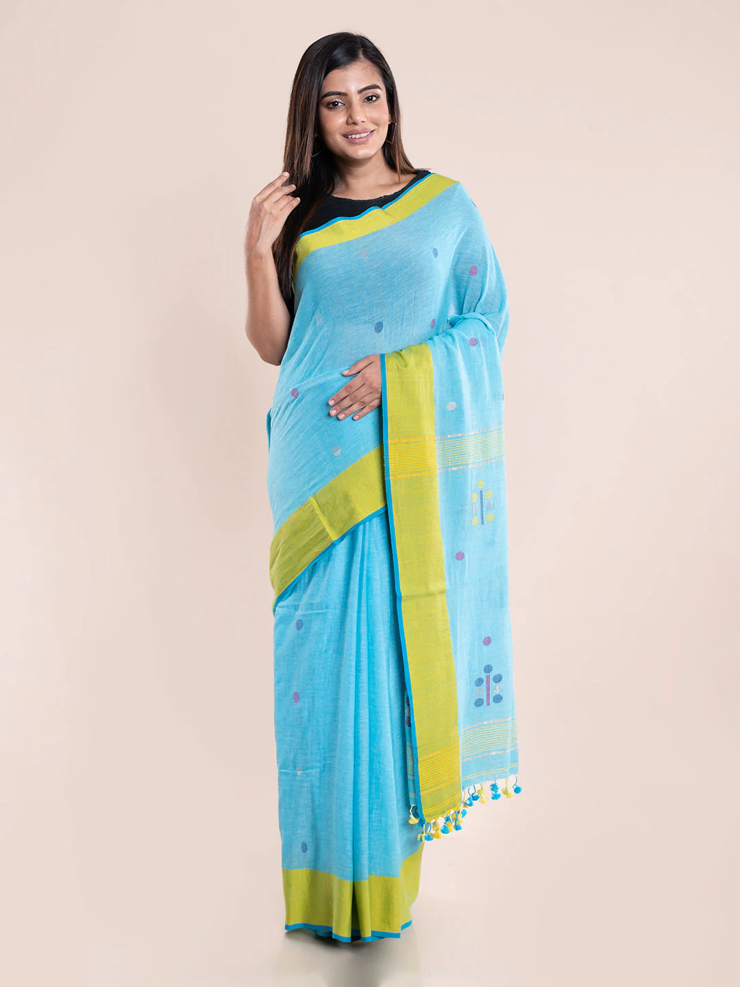 Blue Yellow Jamdani Cotton Saree With Blouse Piece | Shobitam - Image 2