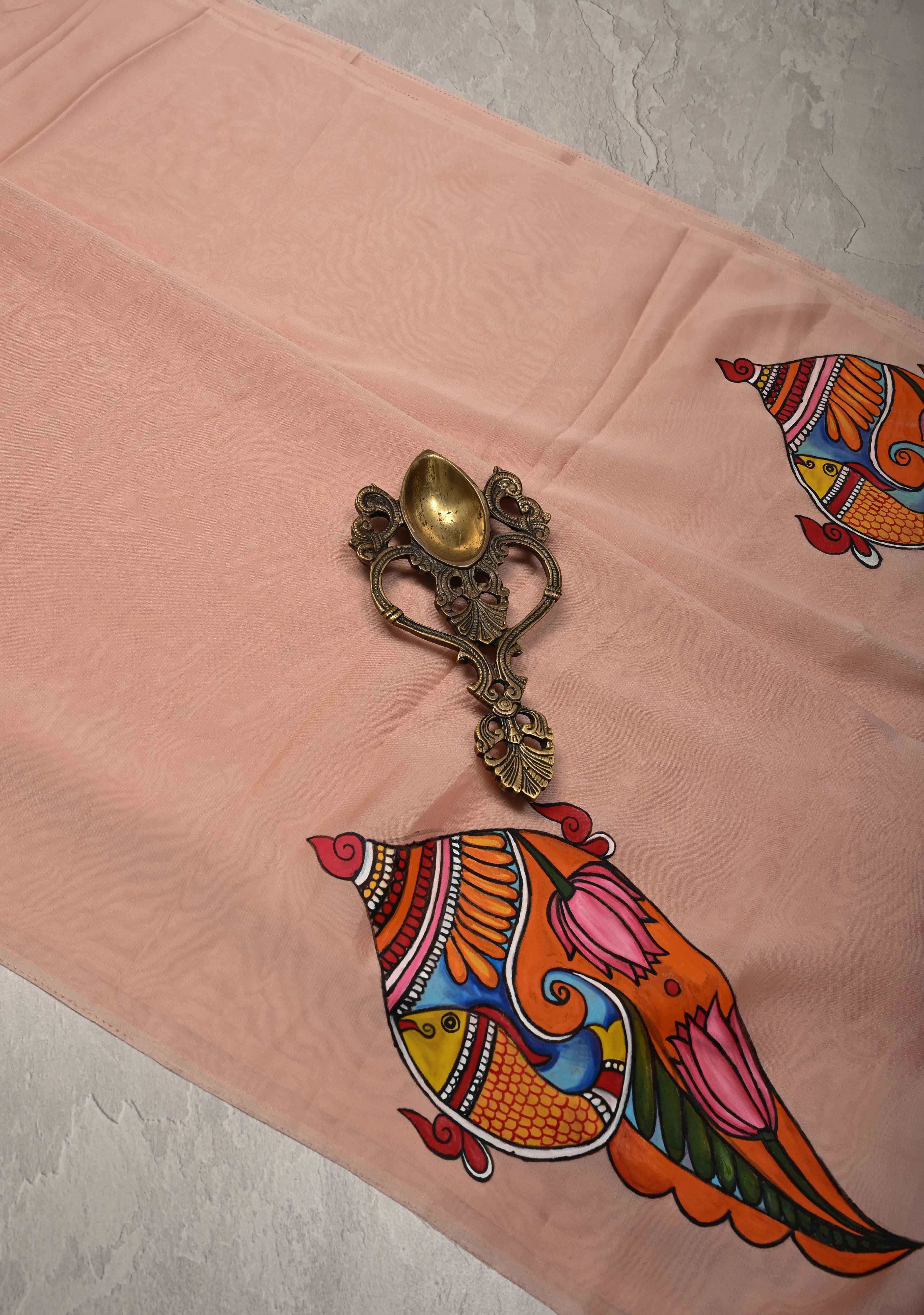 Blush Pink Chiffon Saree with Conch Shell Hand Painted , No Blouse Piece | Shobitam - Image 2