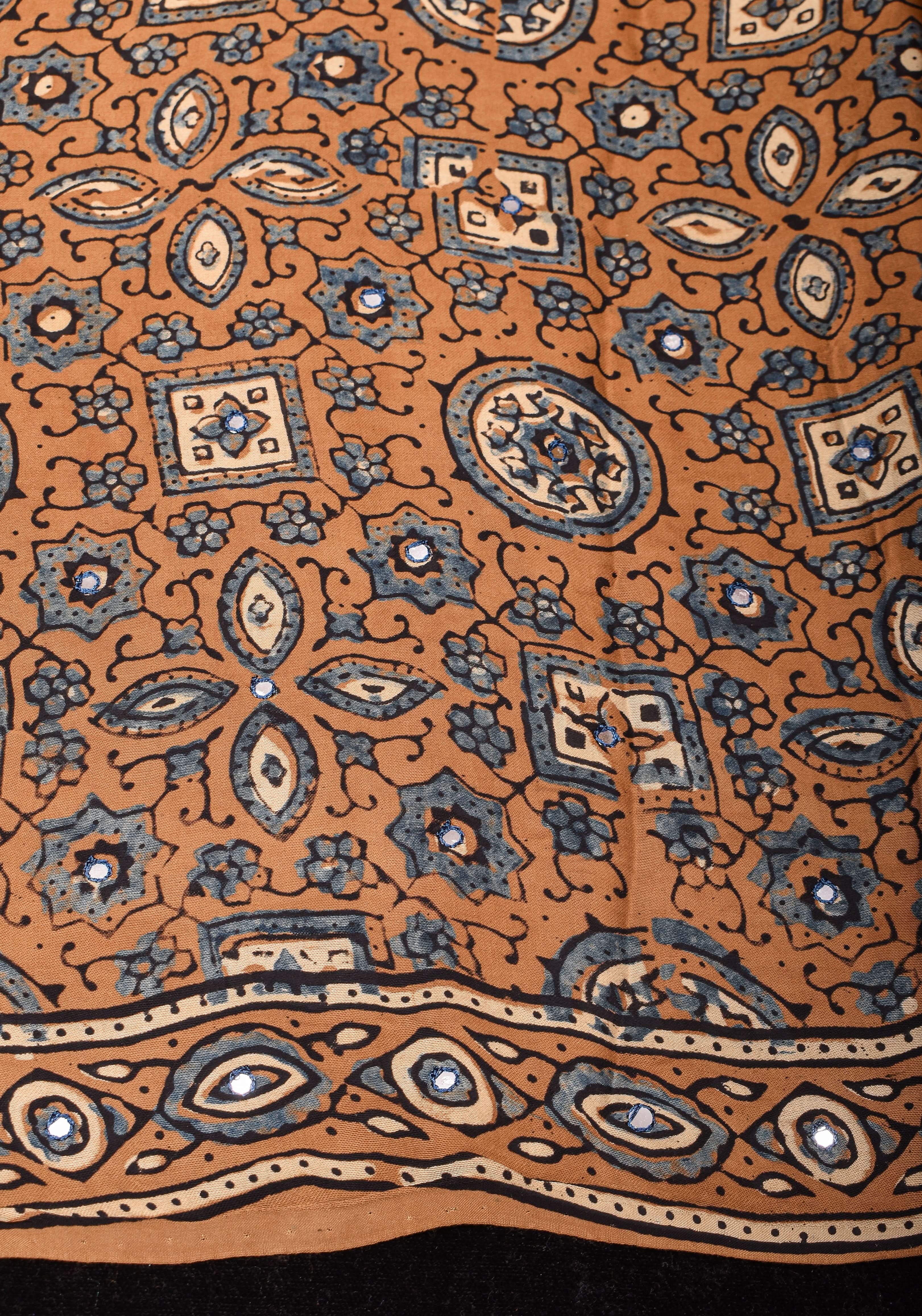 Camel Brown Ajrakh Block Print Modal Saree with Floral Print Pattern and Mirror Hand embroidery work | Shobitam - Image 8