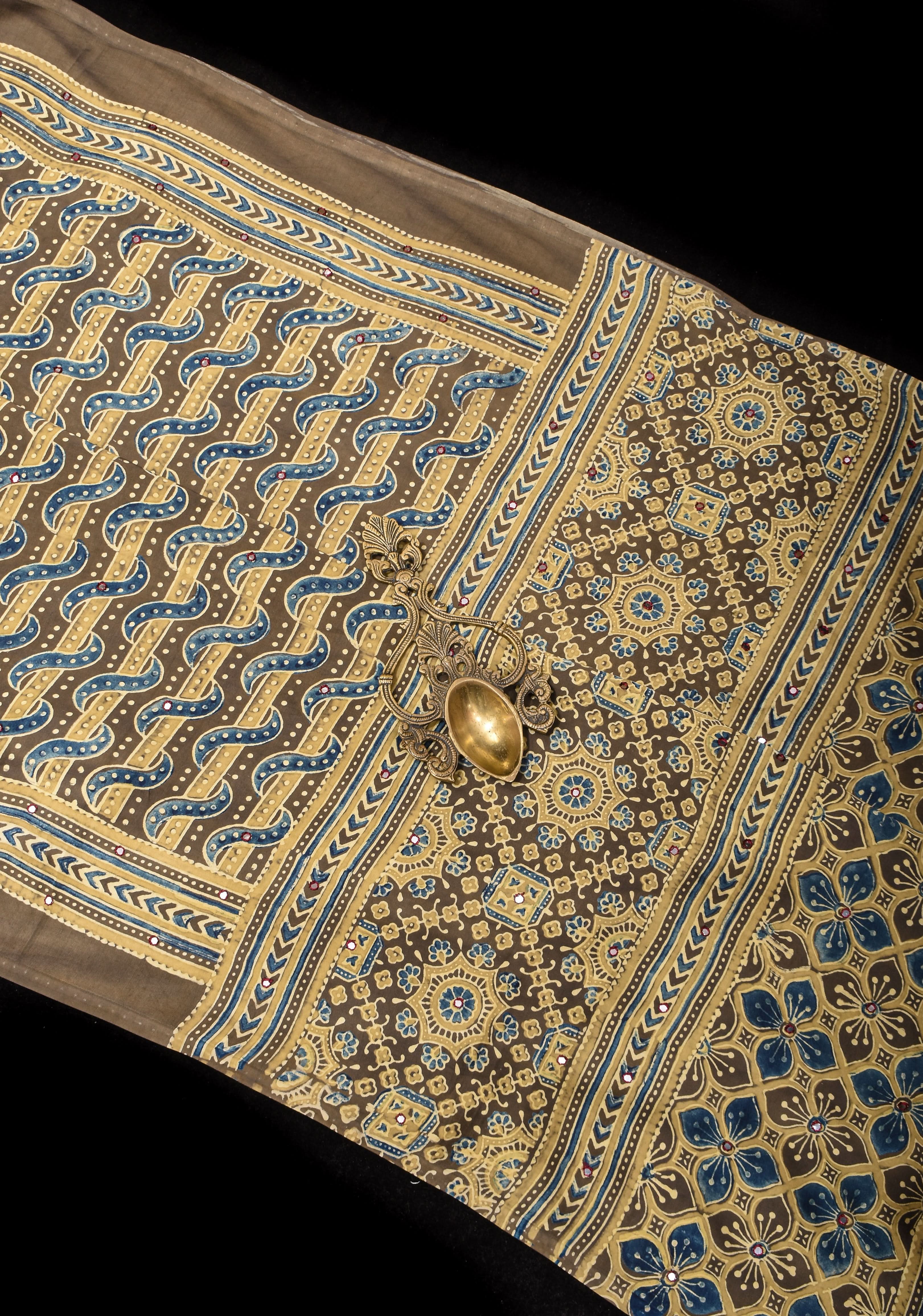 Dull Brown Ajrakh Block Print Modal Saree with Abstract Pattern and Mirror Hand embroidery work | Shobitam - Image 2