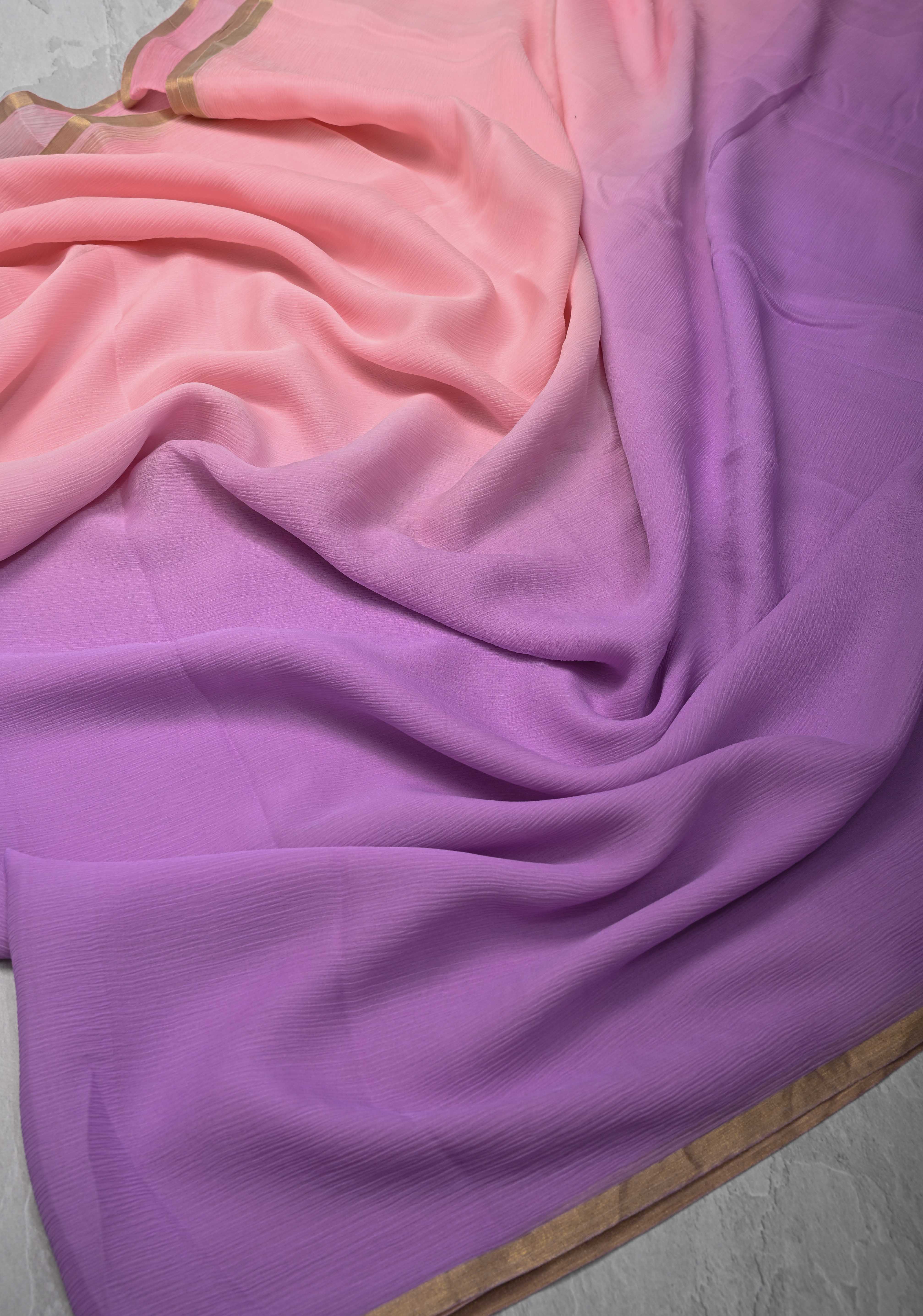Bollywood style ombre pure chiffon Saree in Lavender and Peach, No Blouse Piece | Shobitam - Image 6