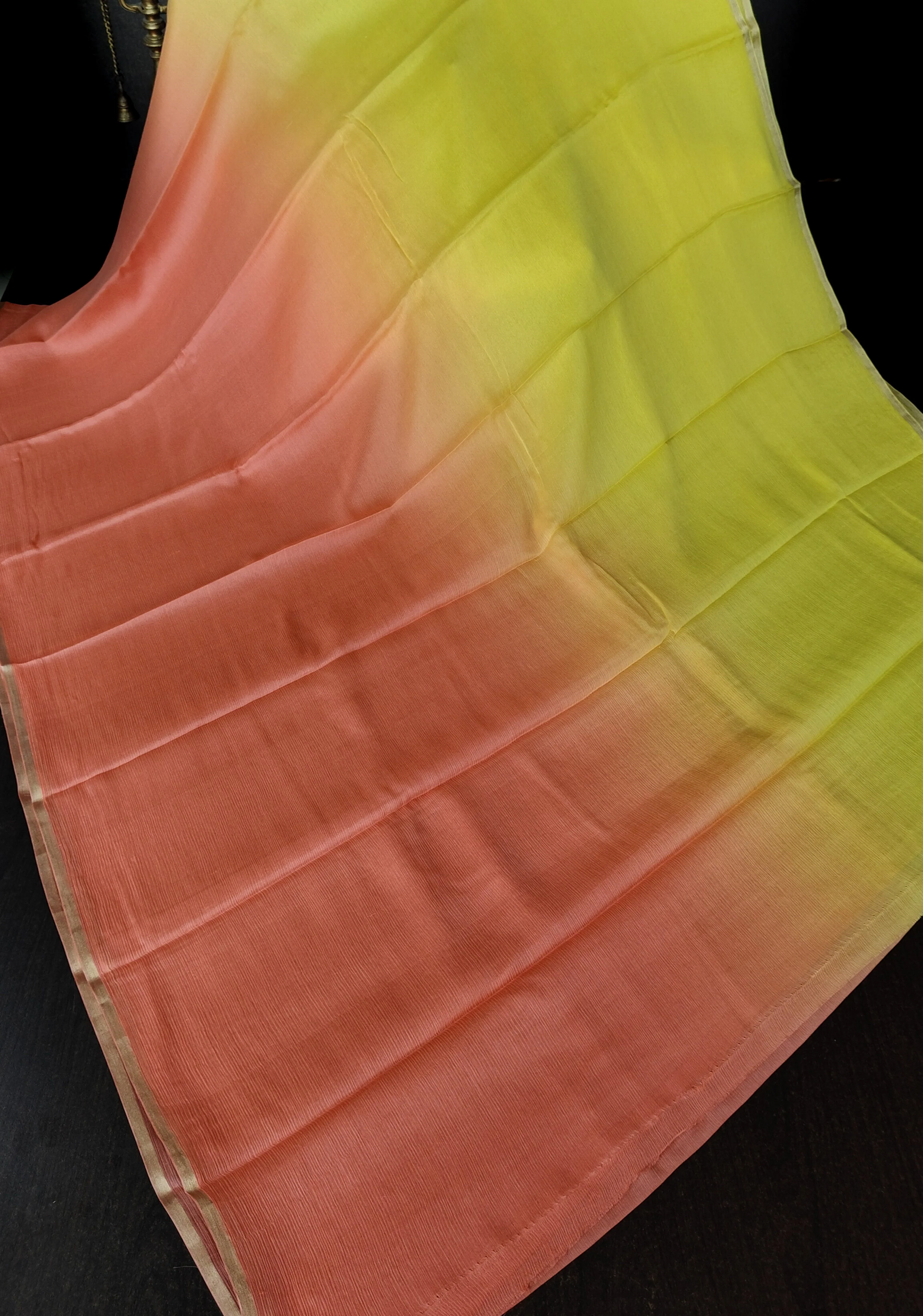 Bollywood style ombre pure chiffon Saree in Coral Pink and Yellow, No Blouse Piece | Shobitam - Image 7