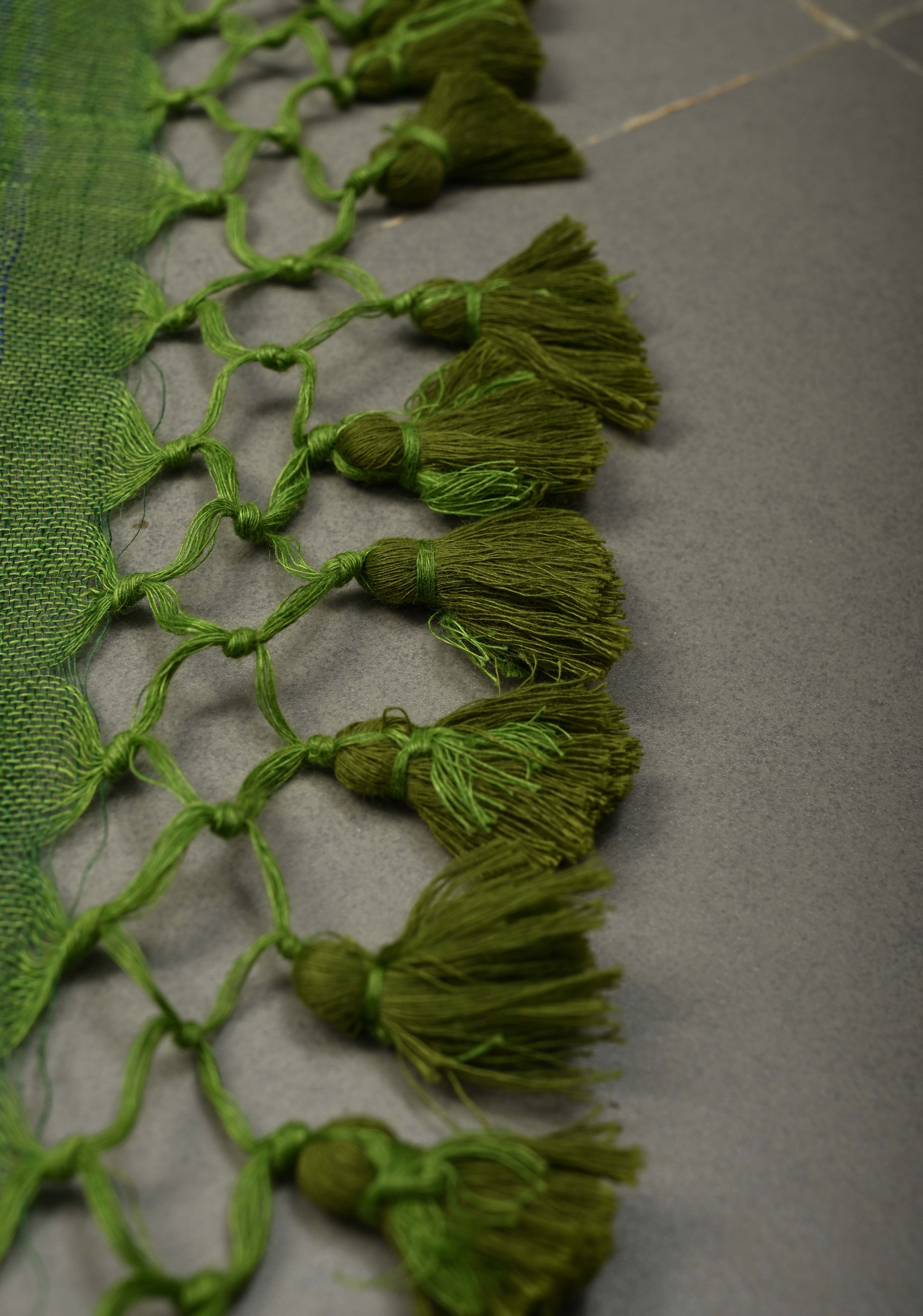 Grass Green Handloom Linen by Linen Saree with Minimal Tissue Border and Honeycomb Tassels | Shobitam - Image 8