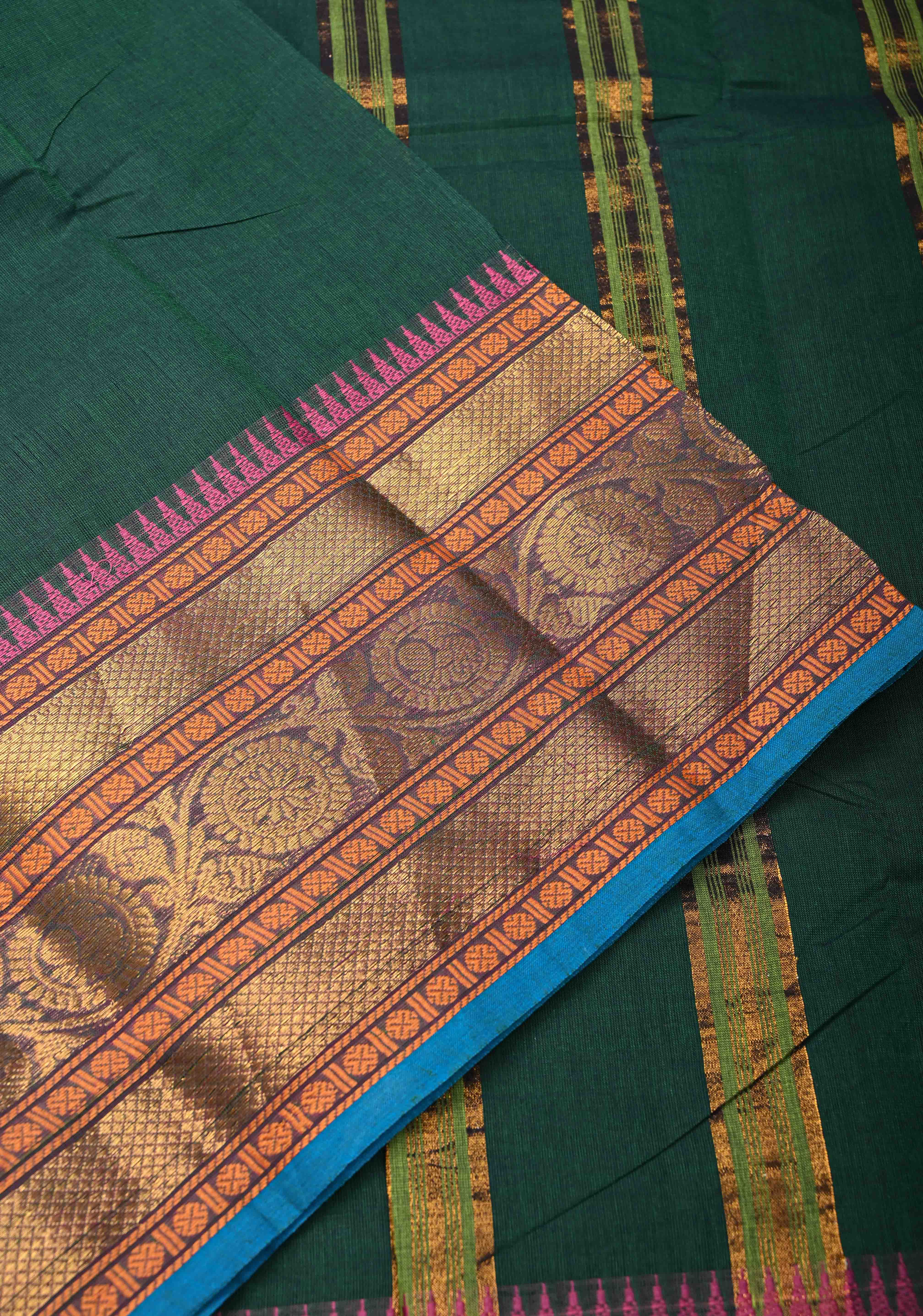 Bottle Green Kanchi Cotton Saree With Zari borders | No Blouse piece | Shobitam - Image 7
