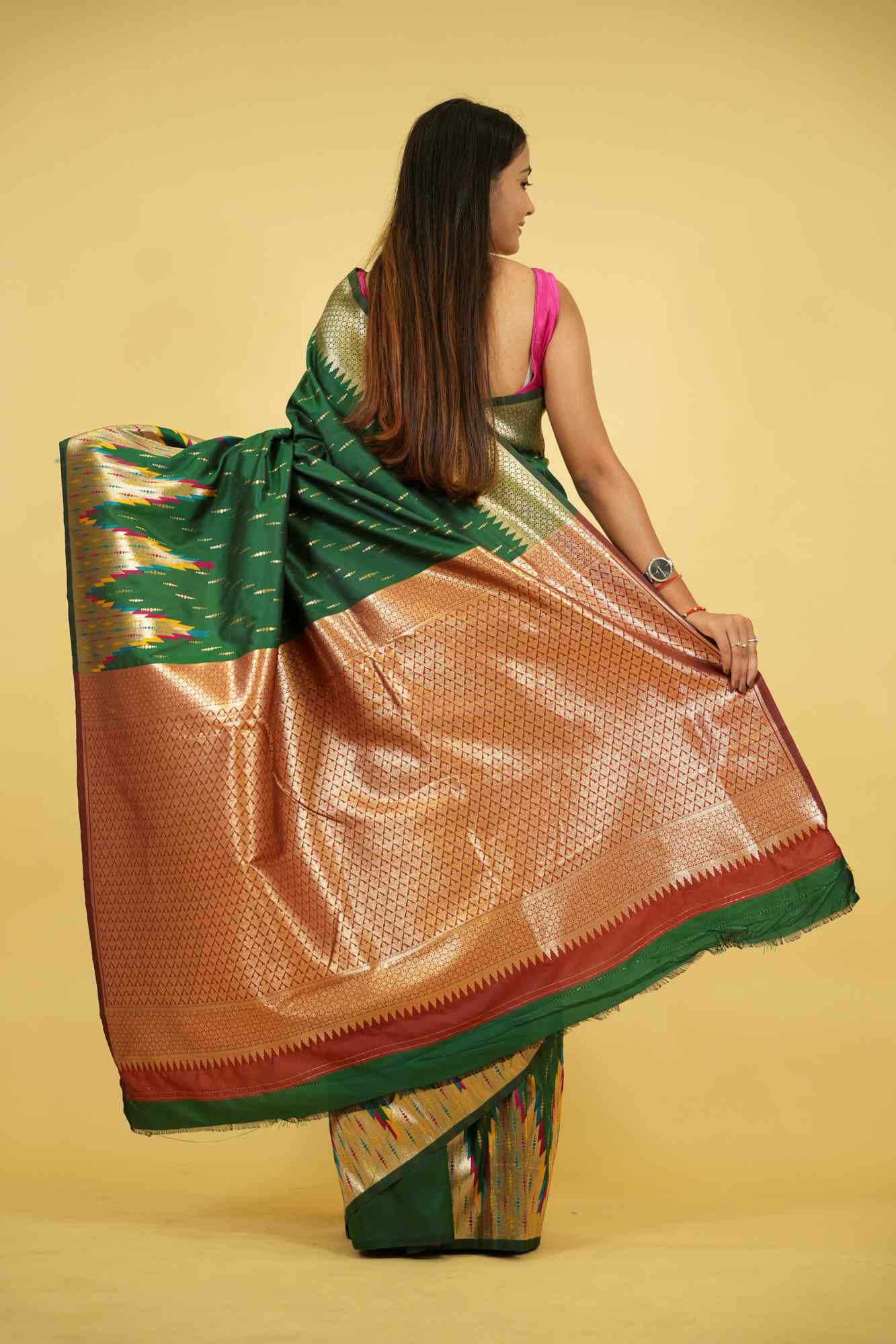 Exquisite Green Patola-Inspired Silk with Contrast Zari Pallu Temple Border Ready To Wear Saree - Image 2