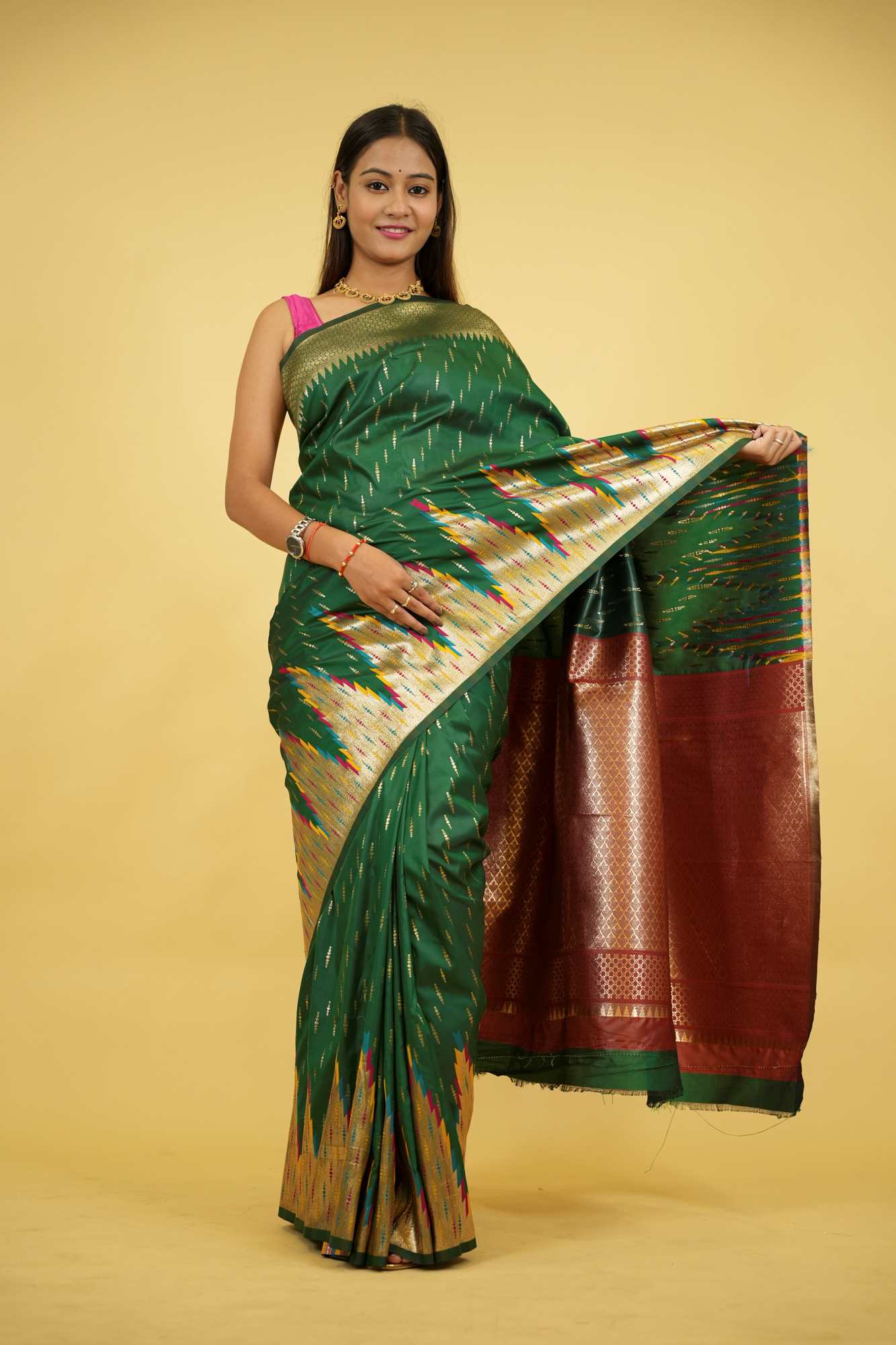 Exquisite Green Patola-Inspired Silk with Contrast Zari Pallu Temple Border Ready To Wear Saree - Image 5