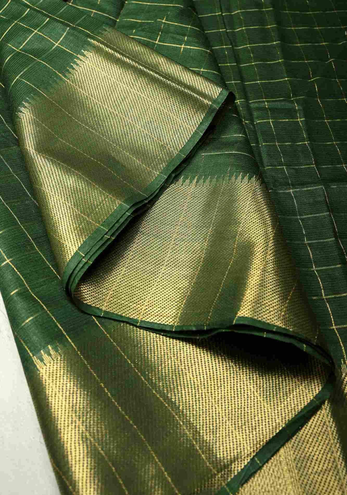 Bottle Green Semi Tussar Saree with Zari Checks and Zari Border Ready To Wear Saree - Image 7