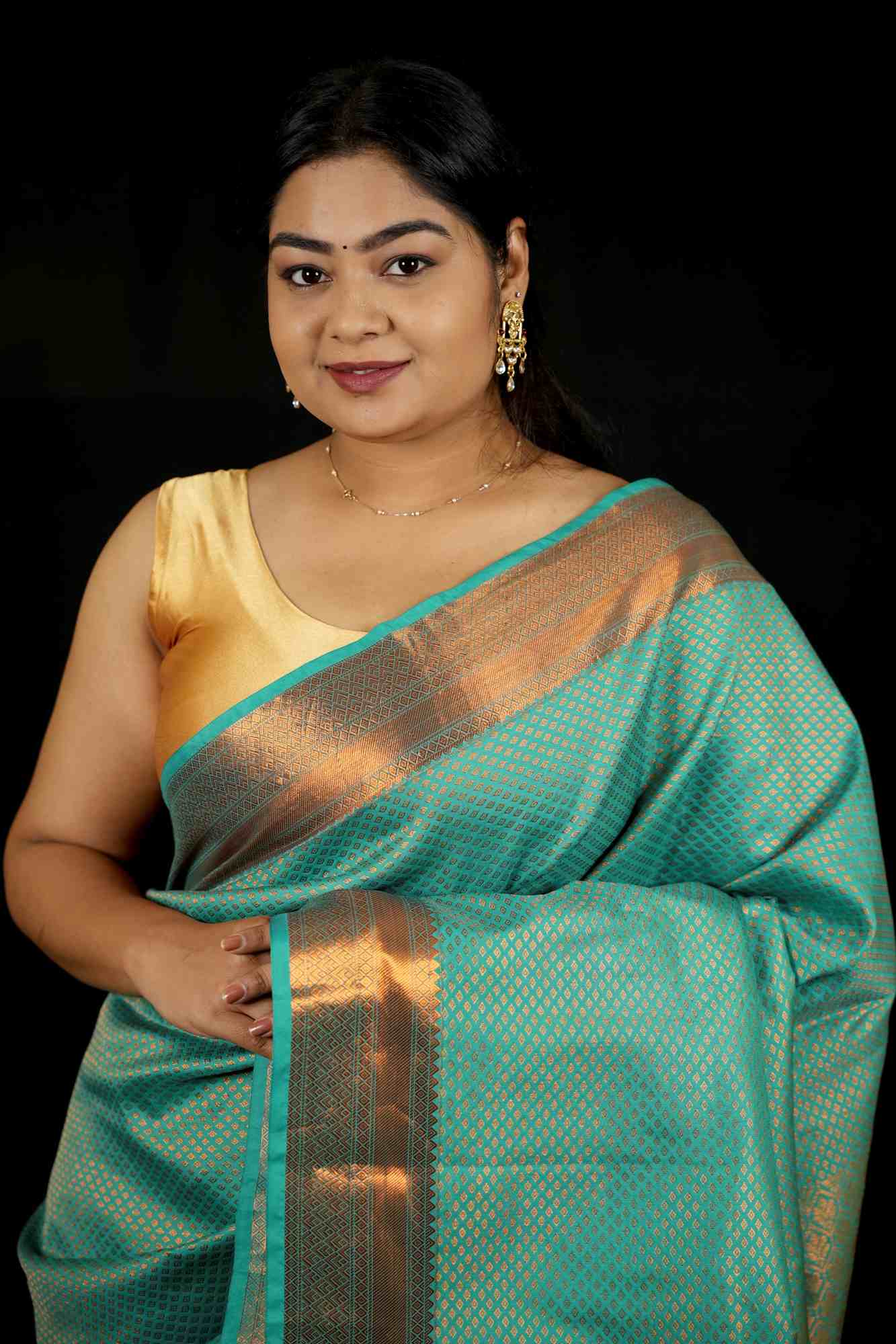 Bridal Silk with Intricate Geometric Weave & Rich Zari Border Ready To Wear Saree - Image 16