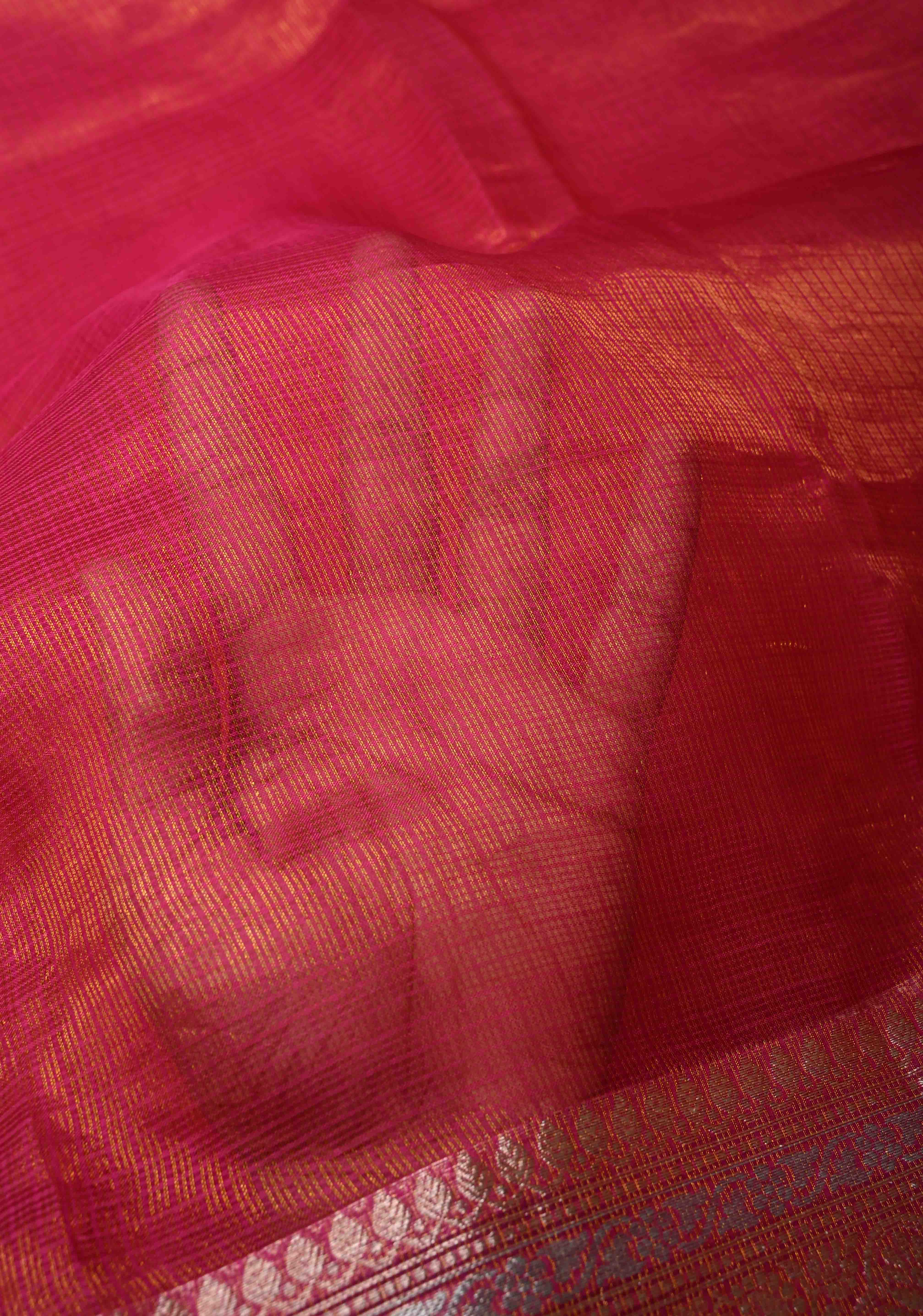 Bright Pink Kota Doria Tissue Cotton Saree with Sona Rupa Zari Border | Shobitam - Image 3
