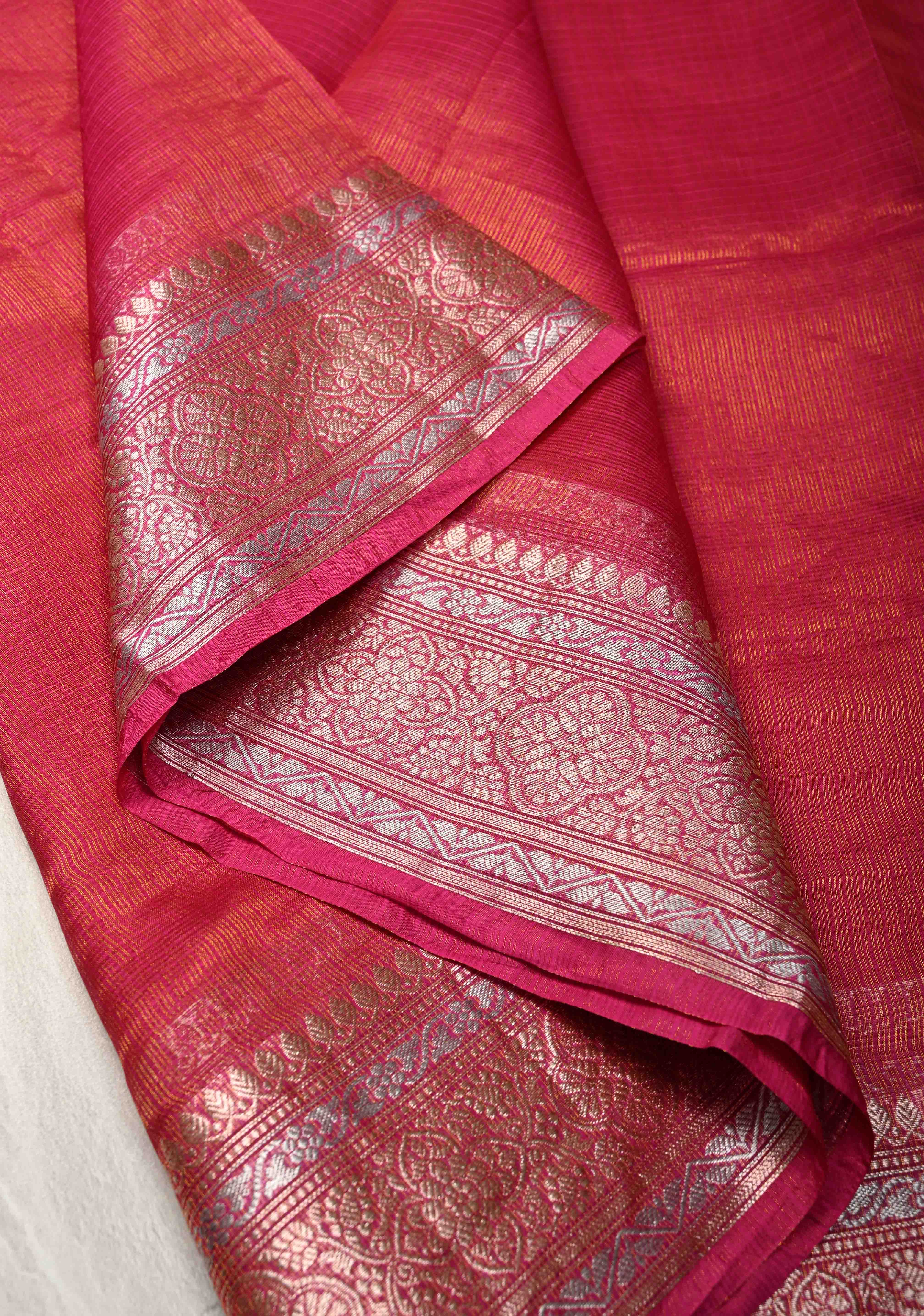 Bright Pink Kota Doria Tissue Cotton Saree with Sona Rupa Zari Border | Shobitam - Image 6