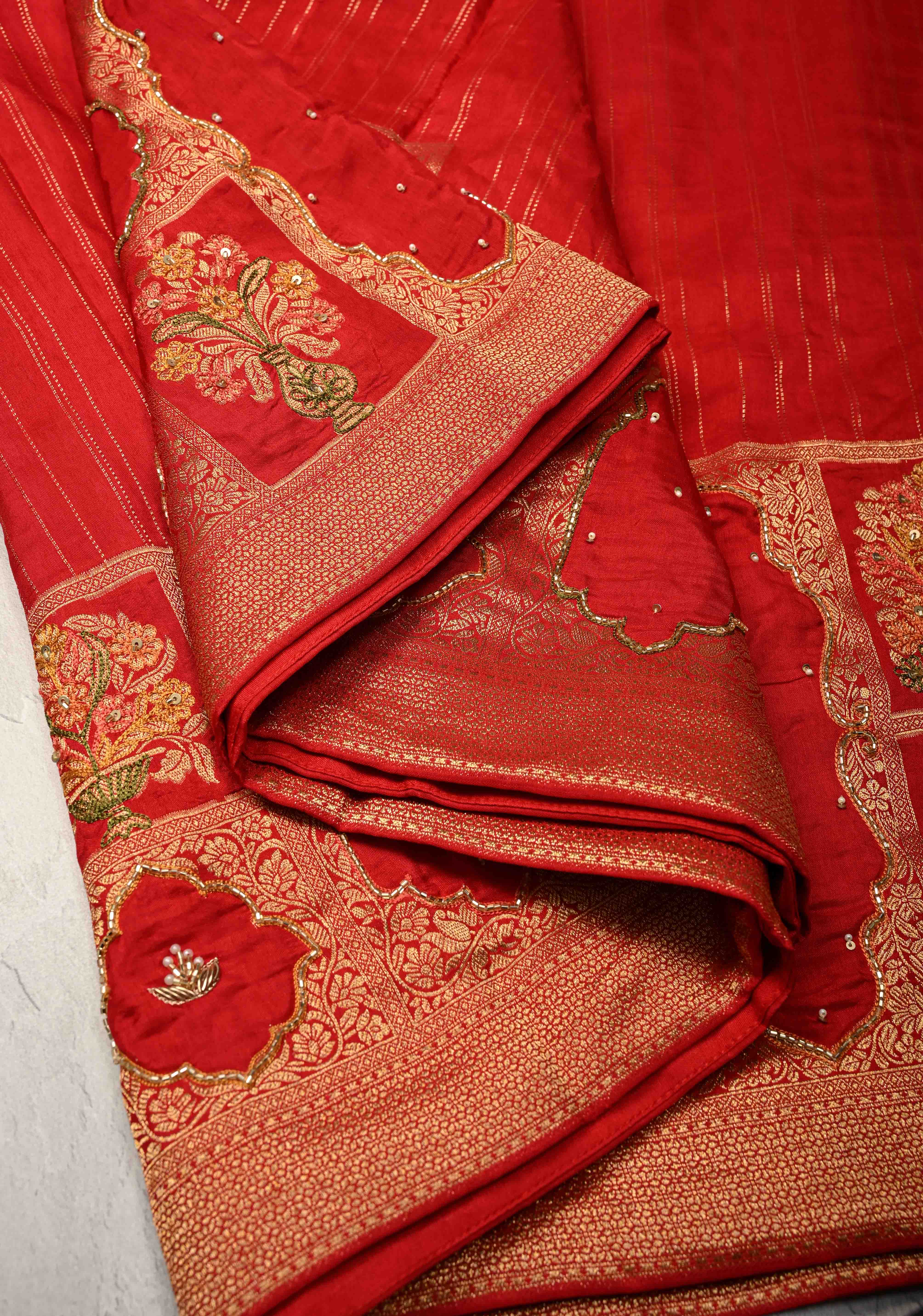 Bright Red Vegan Soft Silk Saree with Jharokha-Inspired Pattern Border | Shobitam - Image 7