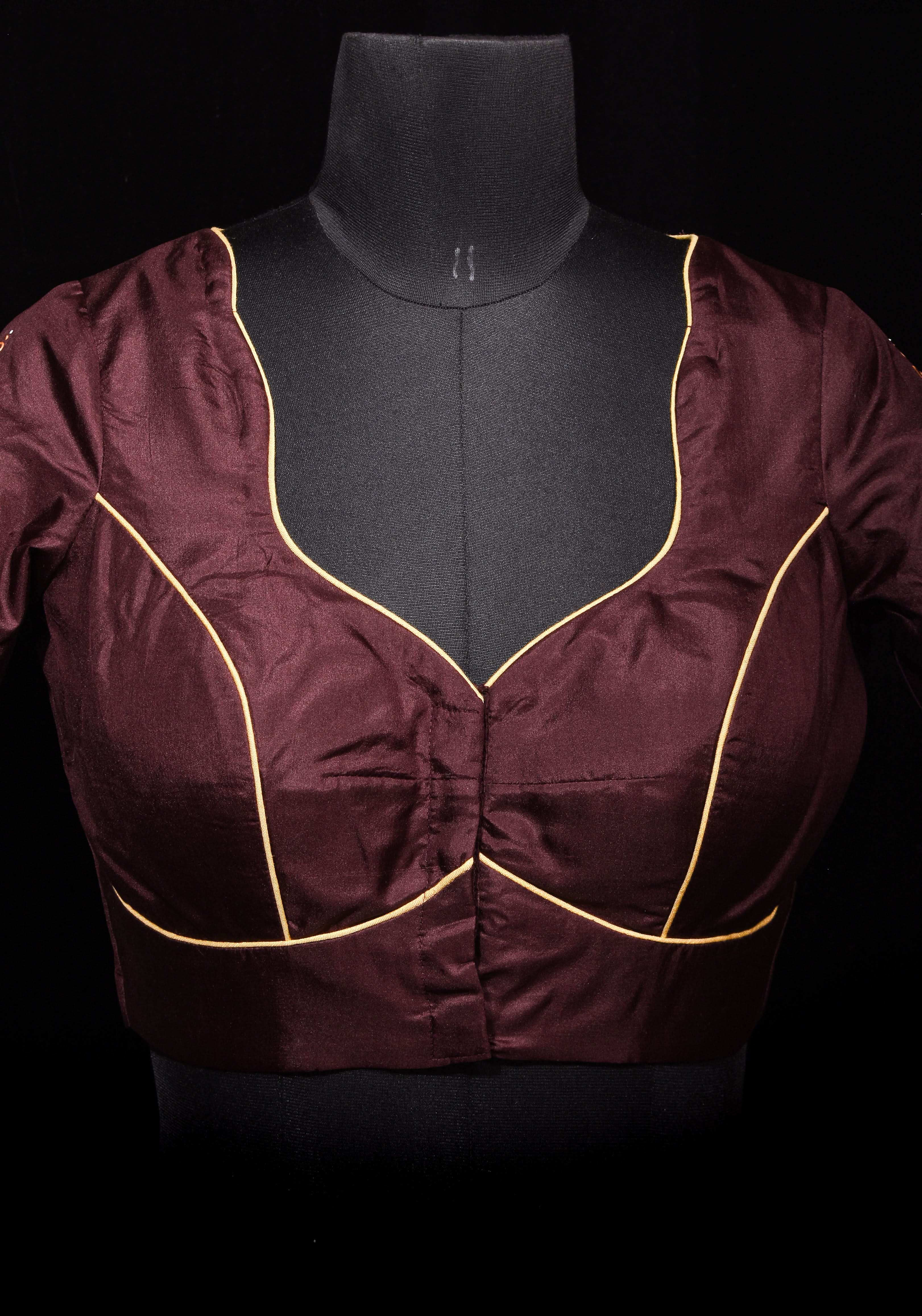 Brown Pure Silk Blouse with 3D Tanjore Art Damansk Motif on Sleeves and Arch Cutout back, Color Customization available, made to order | Shobitam - Image 7