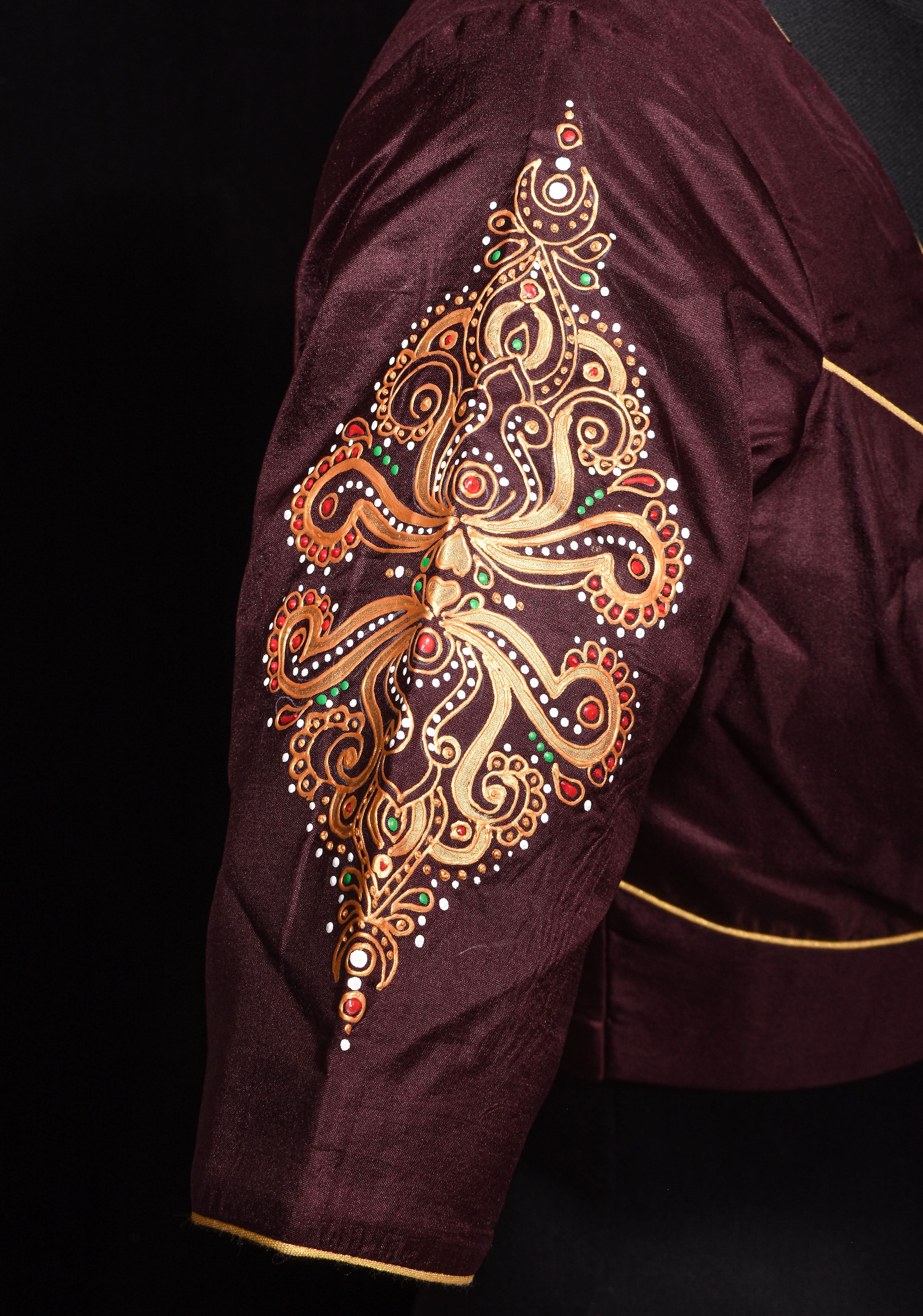 Brown Pure Silk Blouse with 3D Tanjore Art Damansk Motif on Sleeves and Arch Cutout back, Color Customization available, made to order | Shobitam - Image 8
