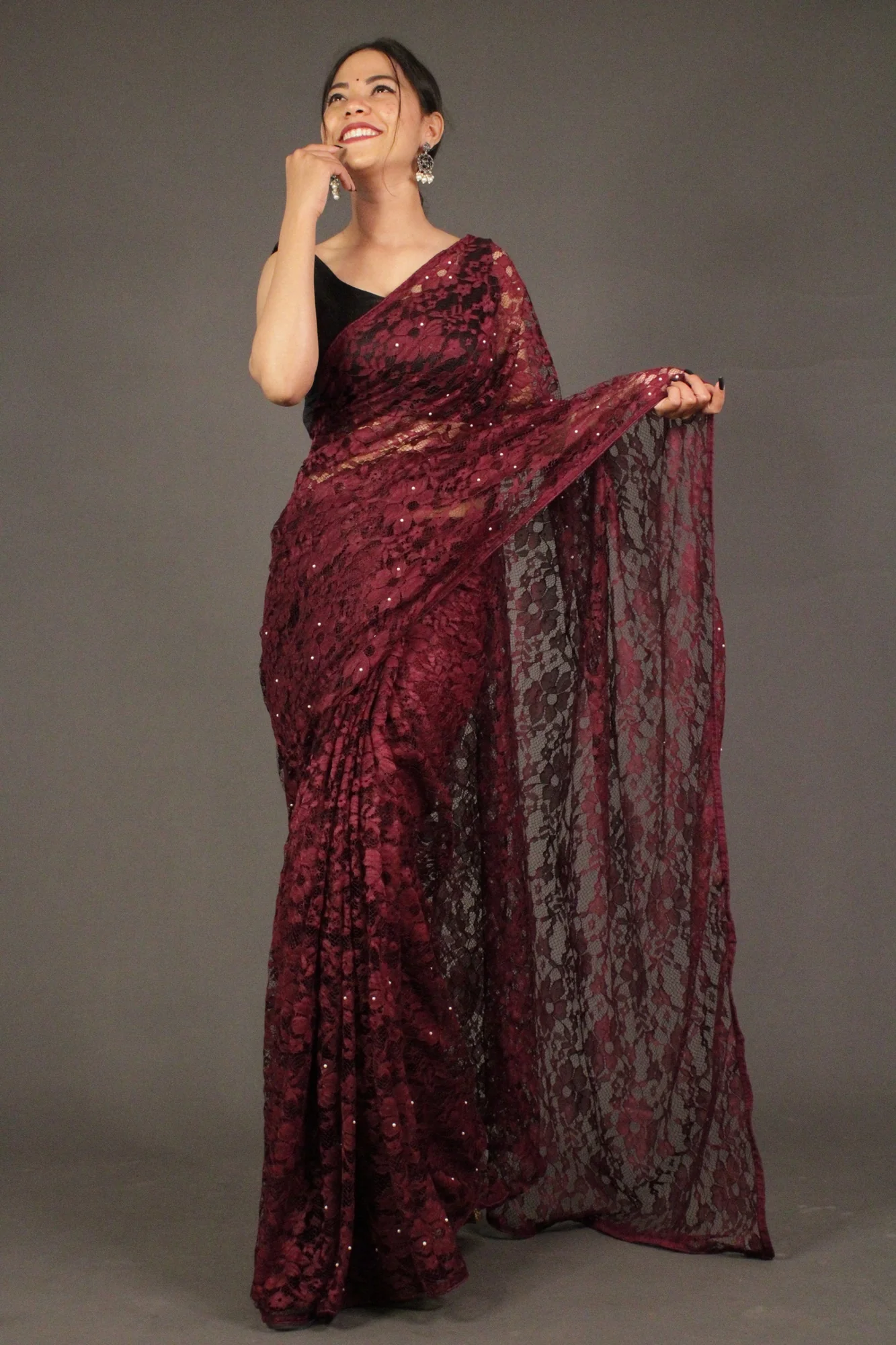 Burgundy Embellished Lace beaded Wrap in 1 mintue saree - Image 3
