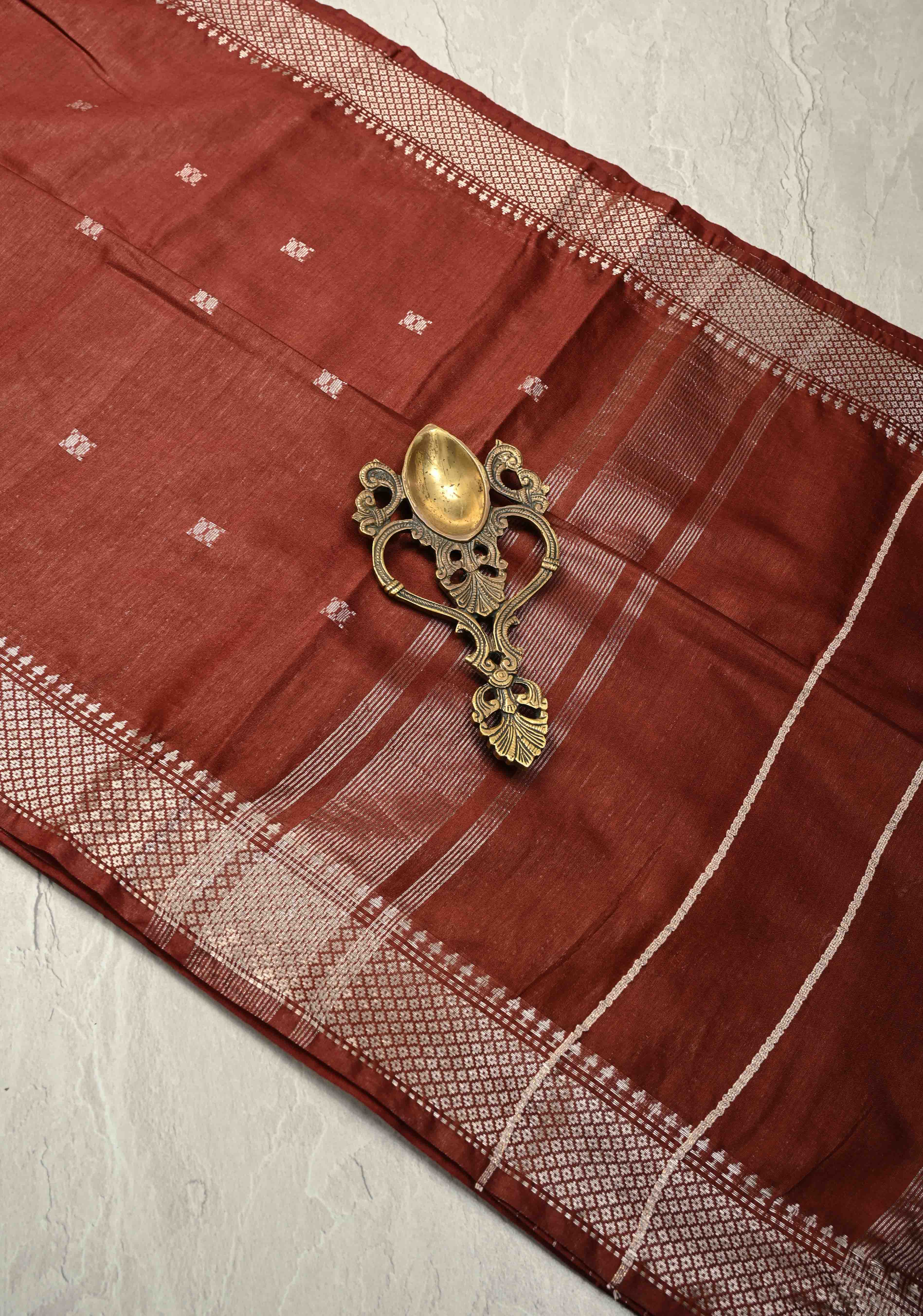 Brick Brown Semi Tussar Saree with Thread Buttas and Silver Zari Border | Shobitam - Image 2