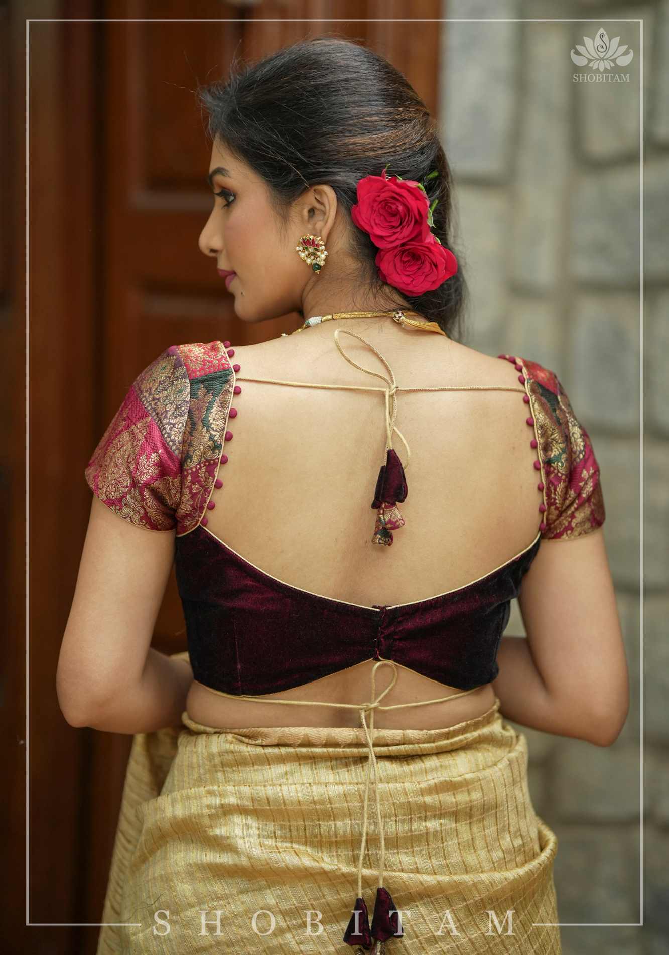 Burgundy velvet and banarasi brocade sweetheart neck blouse with potli button detailing - Image 3