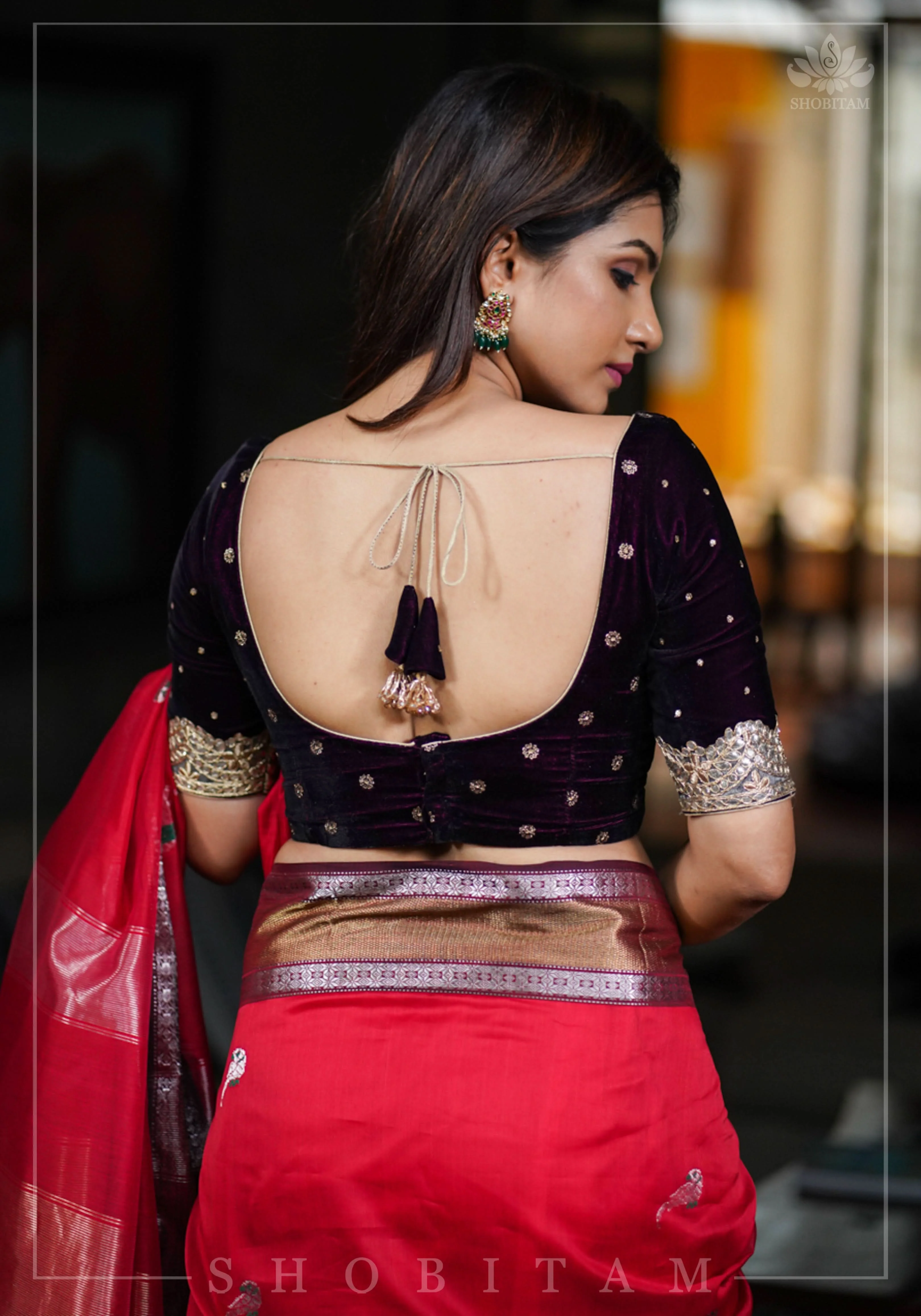 Burgundy velvet blouse with two size buttas, gotta detailing and cut dana latkans | Shobitam - Image 4