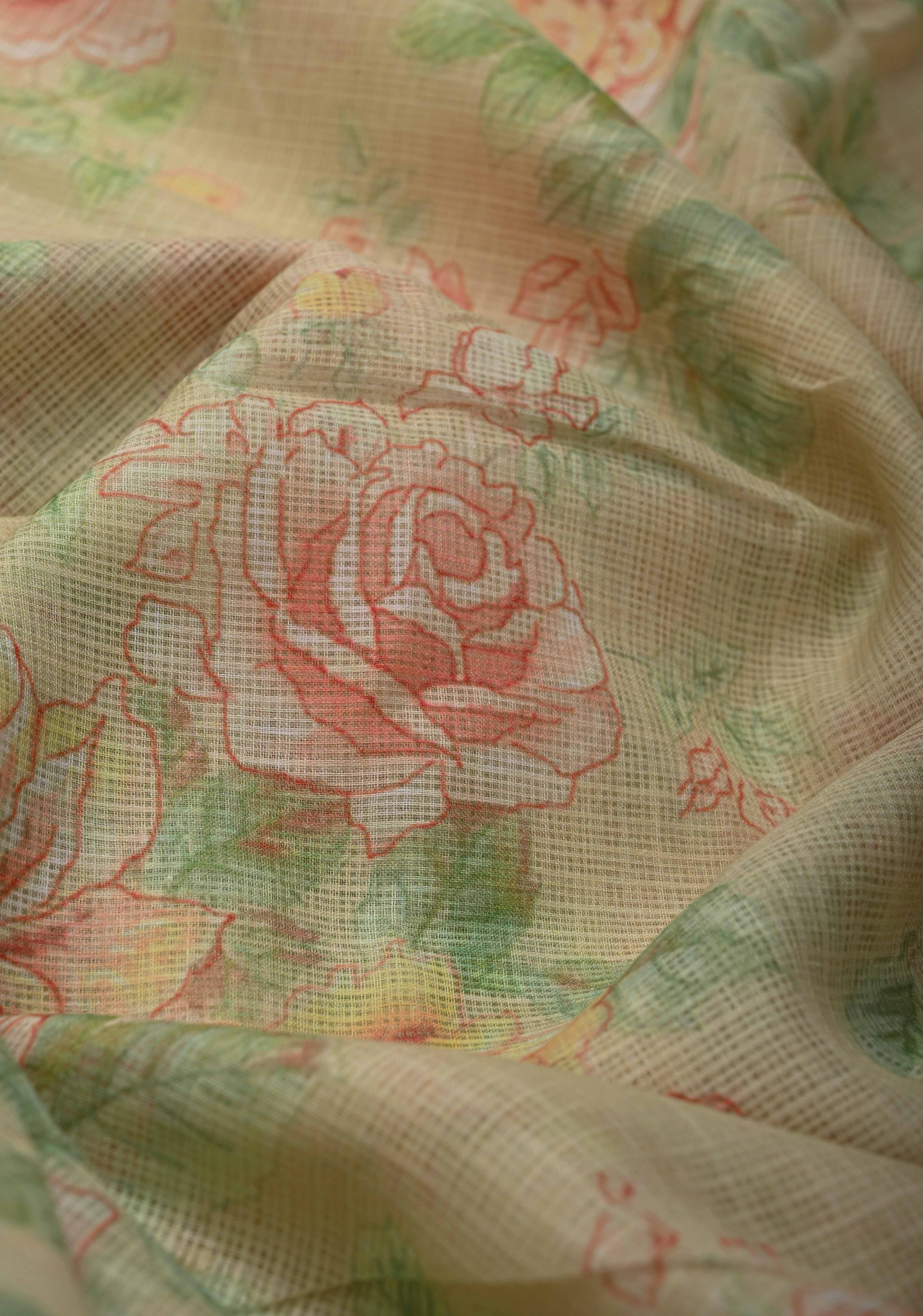 Beige Kota Doria Cotton Saree with Floral Digital Print And Minimal Zari Border | Shobitam - Image 4