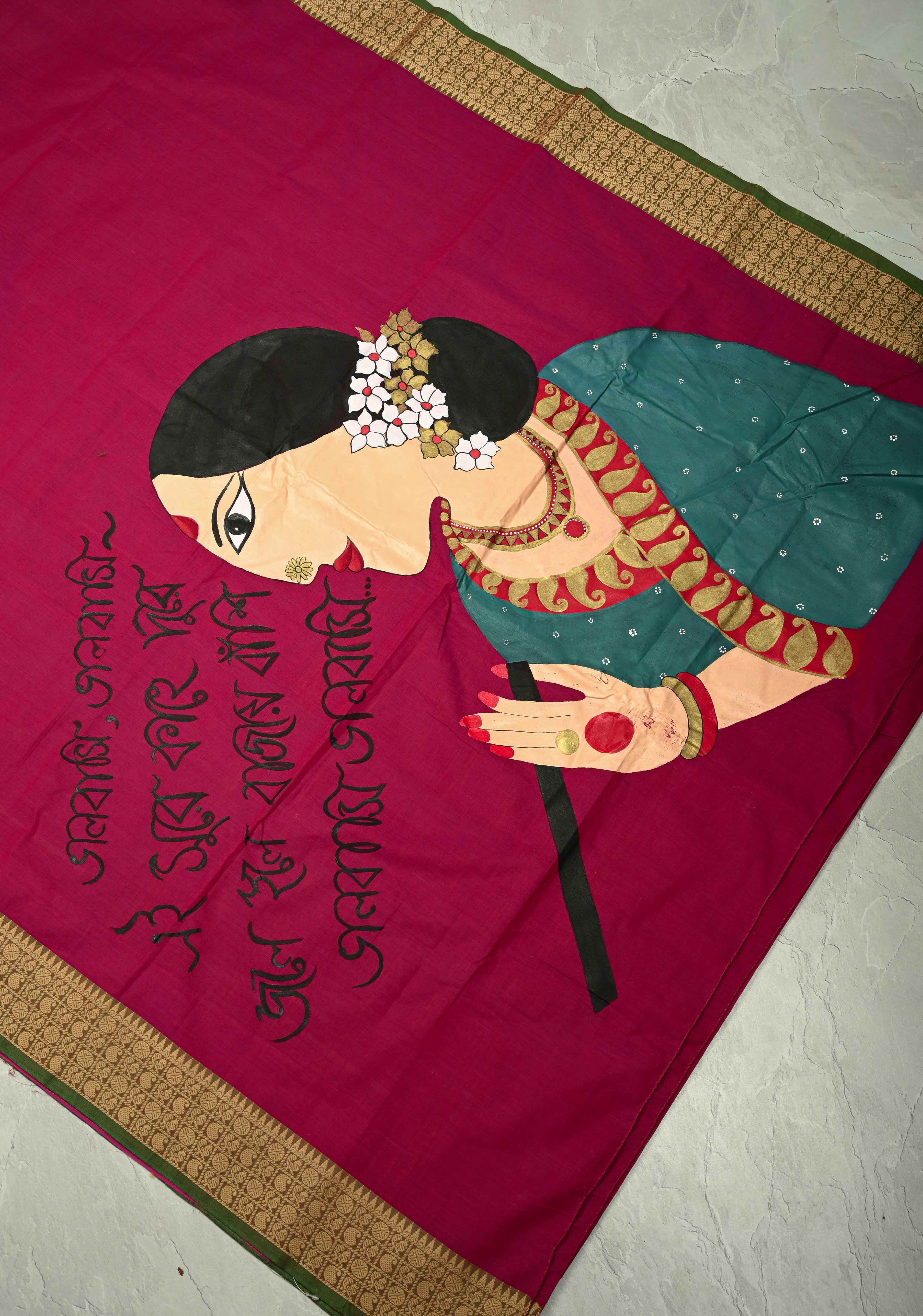 Dark Fushia Chettinad Cotton Saree with Bengali Script and Lady Handpainting on Pallu, No Blouse Piece | Shobitam - Image 6