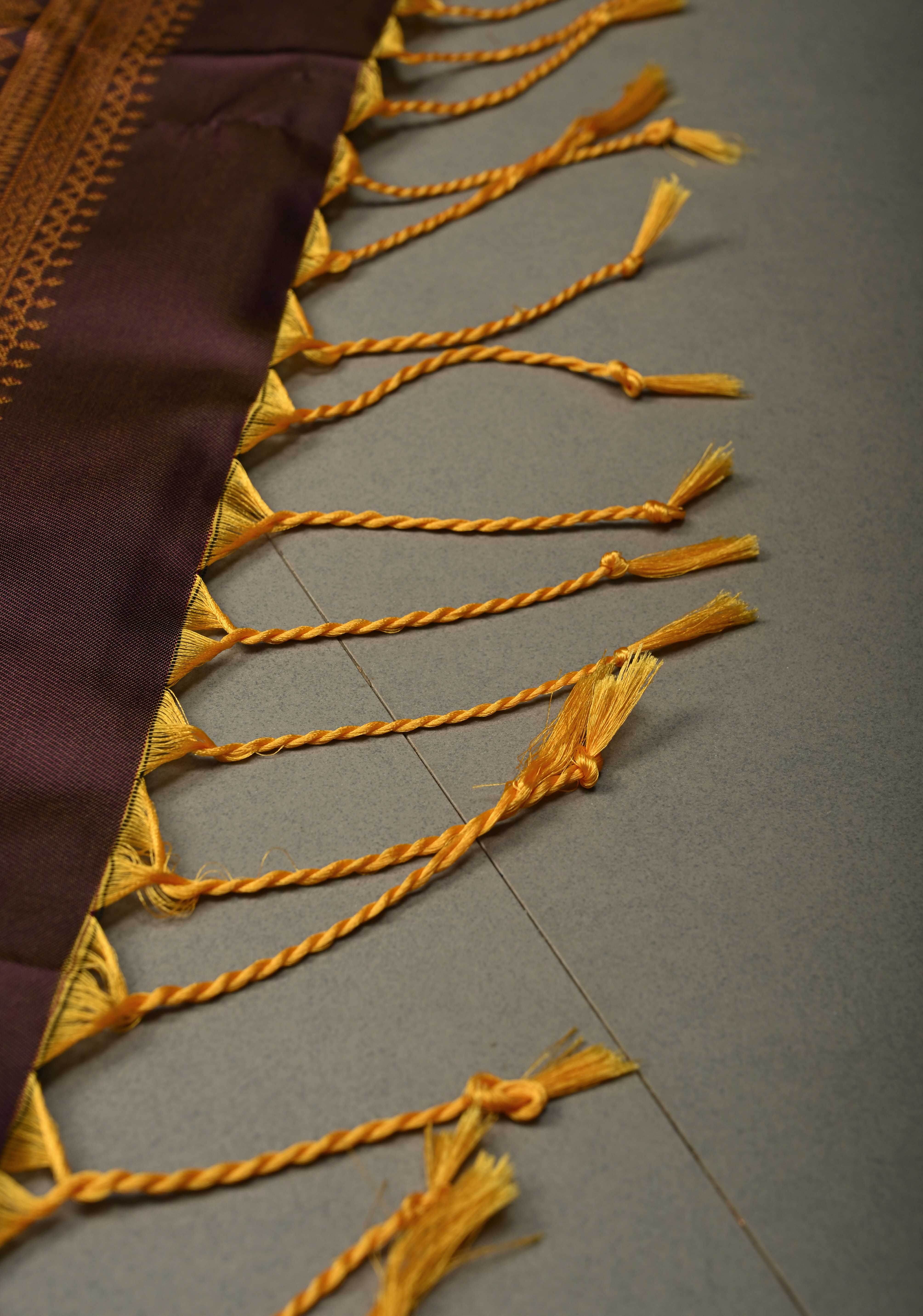 Camel Brown Dual tone Kanchi Semi Silk Saree with Meenakari Mandala Buttas and Contrast Antique Zari Border | Shobitam - Image 7