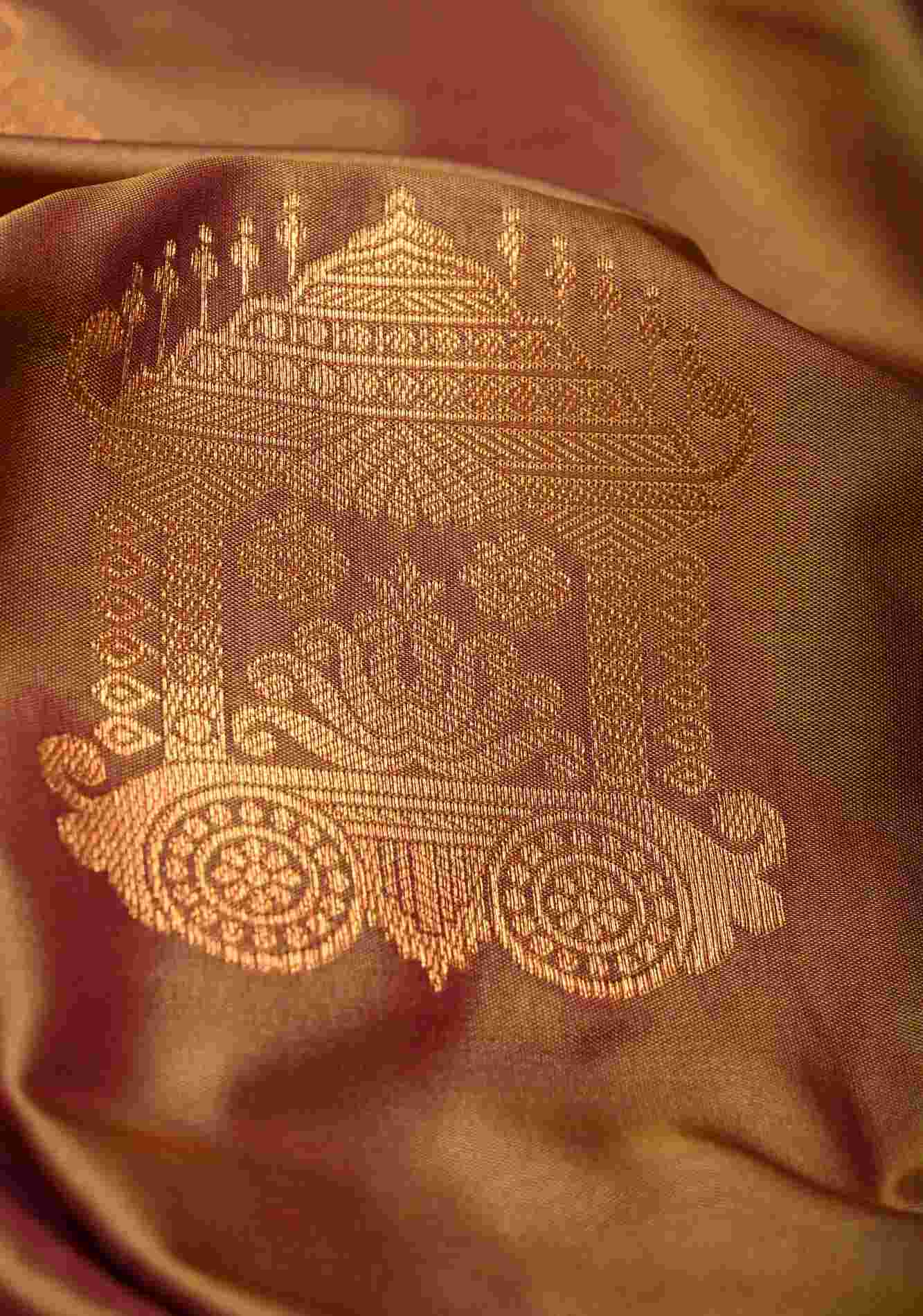 Camel Brown Dual tone Kanchi Semi Silk Saree with Temple Chariot Buttas and Zari Border Ready To Wear Saree - Image 4