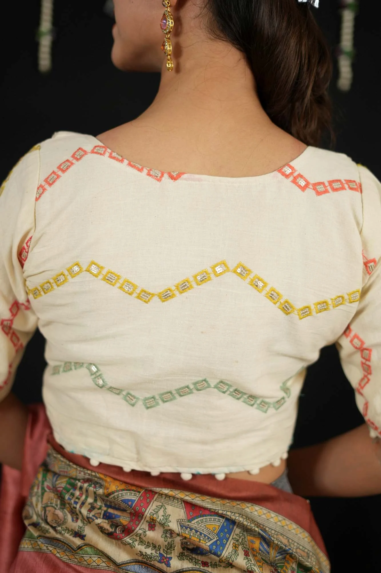 Camric Khadi Off White Multicolour Embroidery With Pompom on Sleeves Ready  Blouse - Image 8
