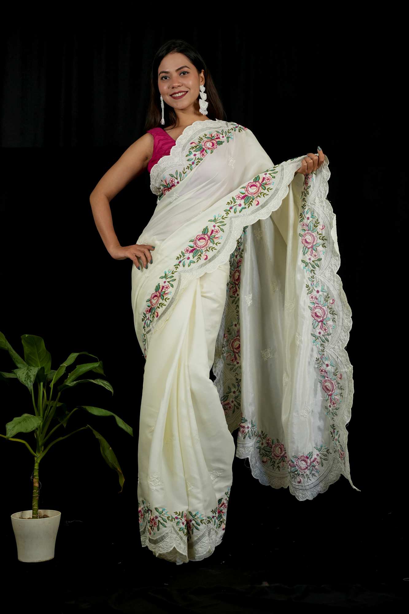 Chanderi with Floral Embroidery & Scalloped Cutwork Border Ready To Wear Saree - Image 3