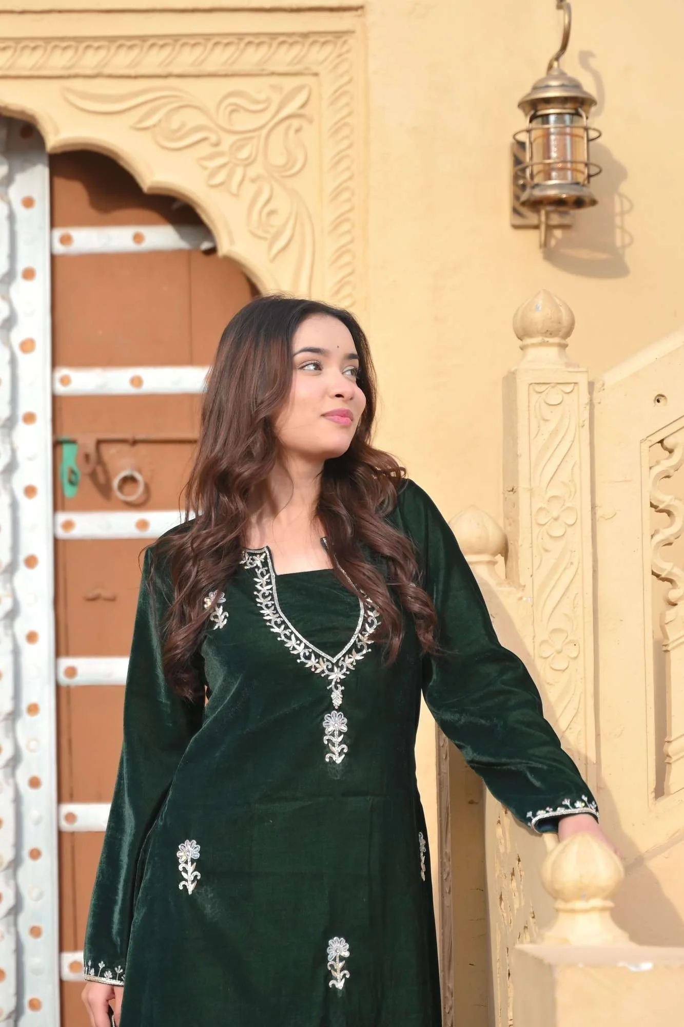 Chandramukhi Velvet Bottle Green Kurta and Organza Skirt Set 3 piece Set  | Made To Order - Image 4