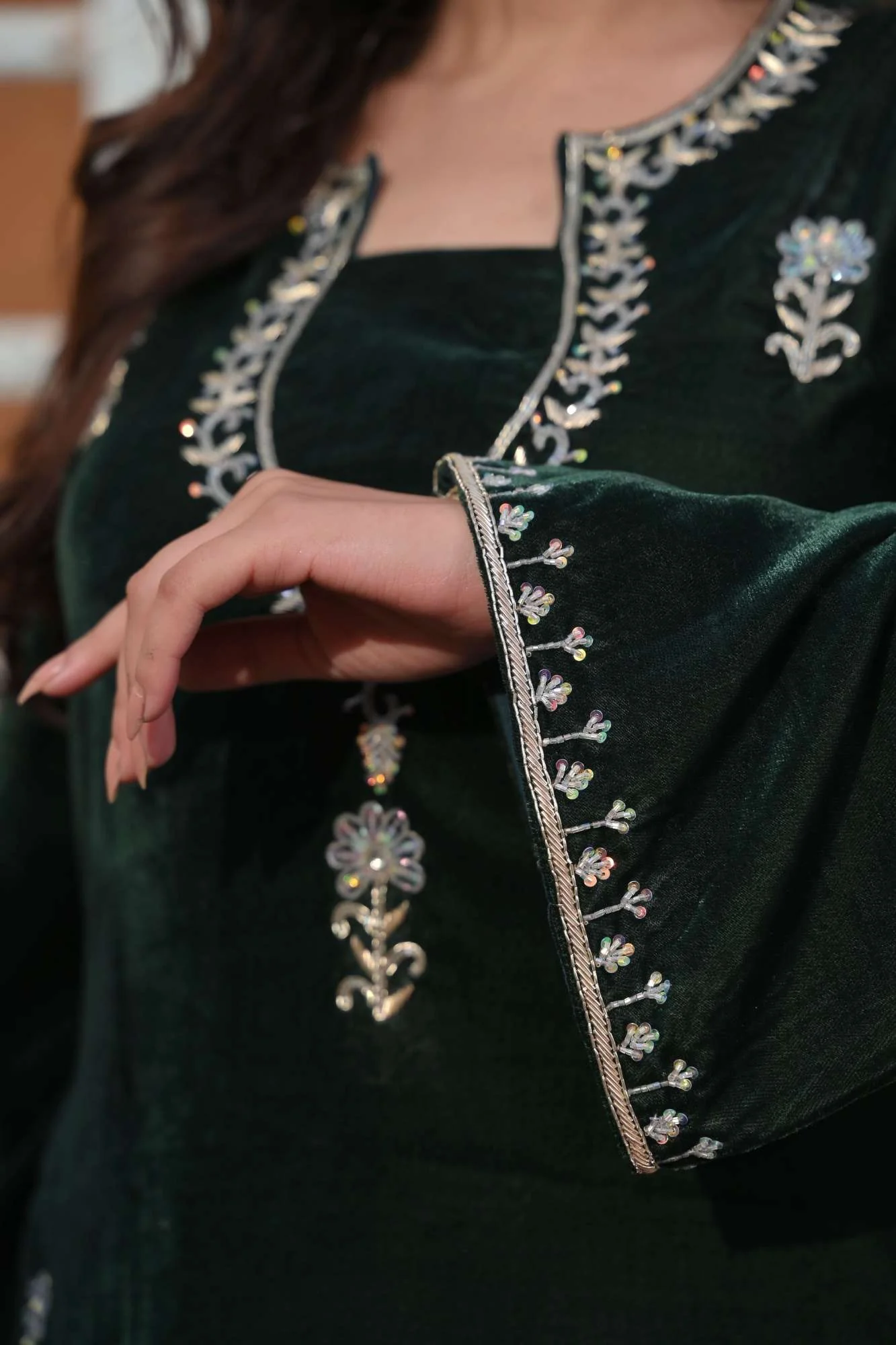 Chandramukhi Velvet Bottle Green Kurta and Organza Skirt Set 3 piece Set  | Made To Order - Image 5