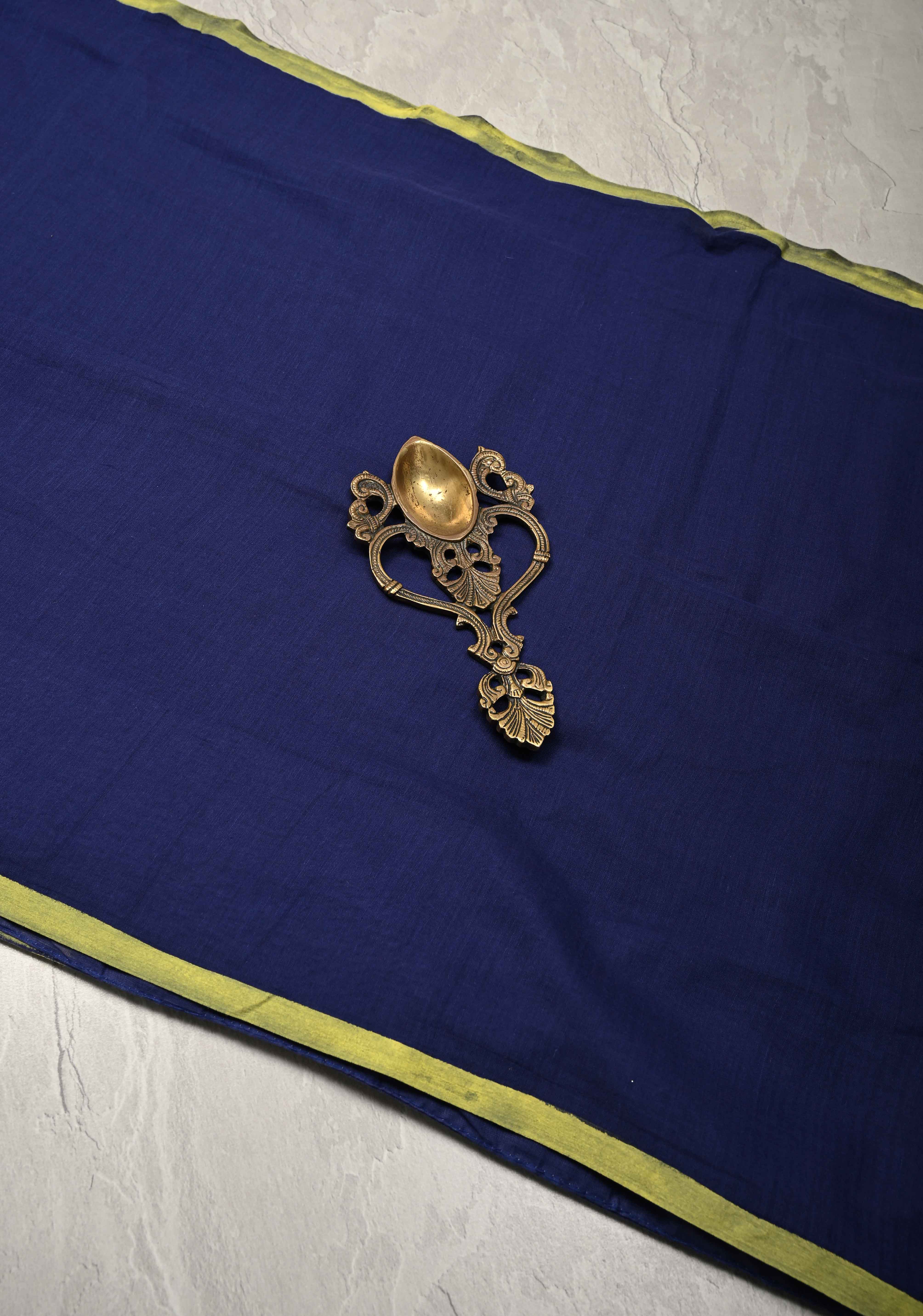 Navy Blue Mulmul Cotton Saree with tassels No Blouse piece | Shobitam - Image 2